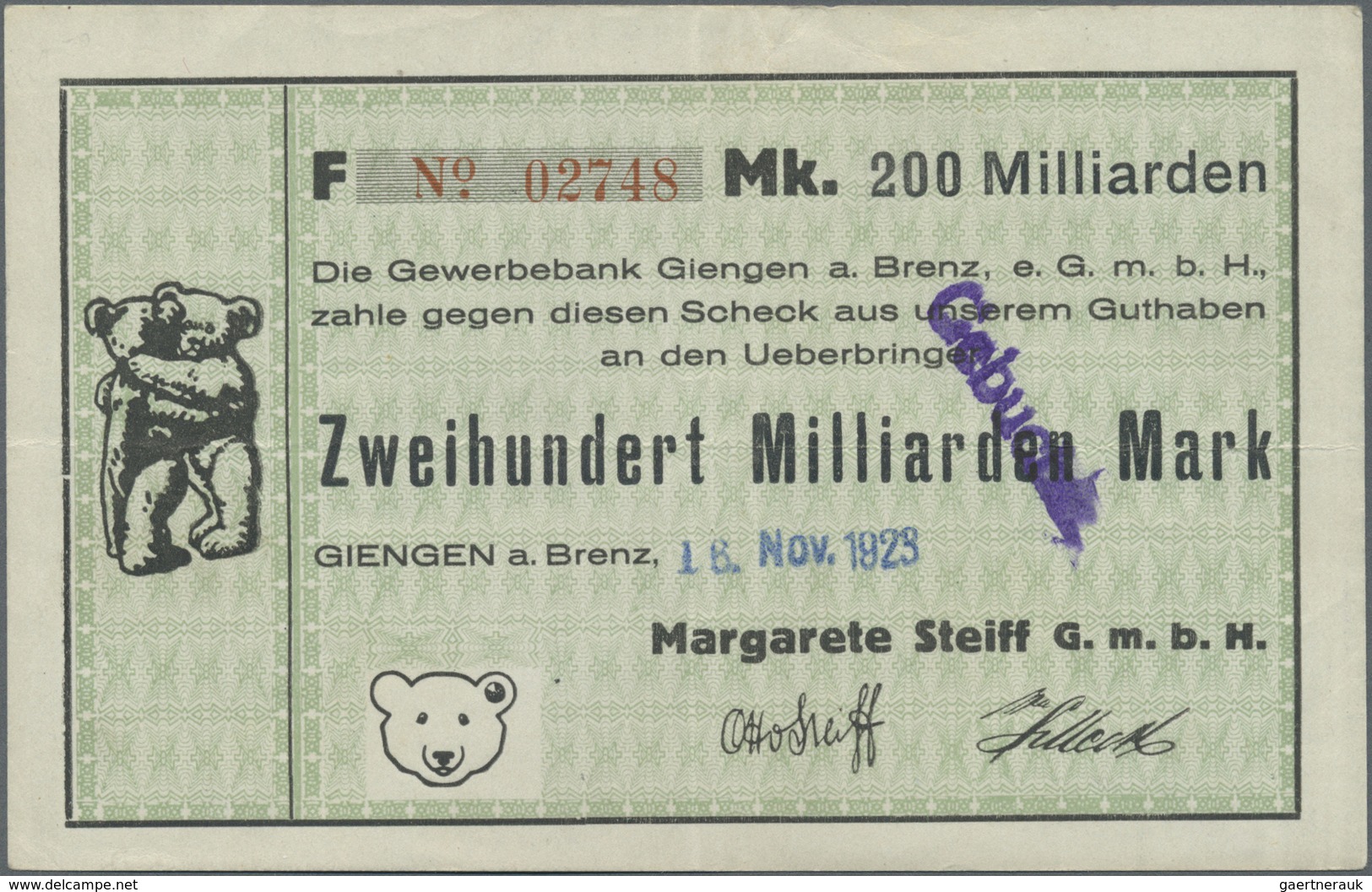 Deutschland - Notgeld - Württemberg: Giengen, Margarethe Steiff GmbH, 200 Mrd. Mark, 15.11.1923, 16. - [11] Emissioni Locali