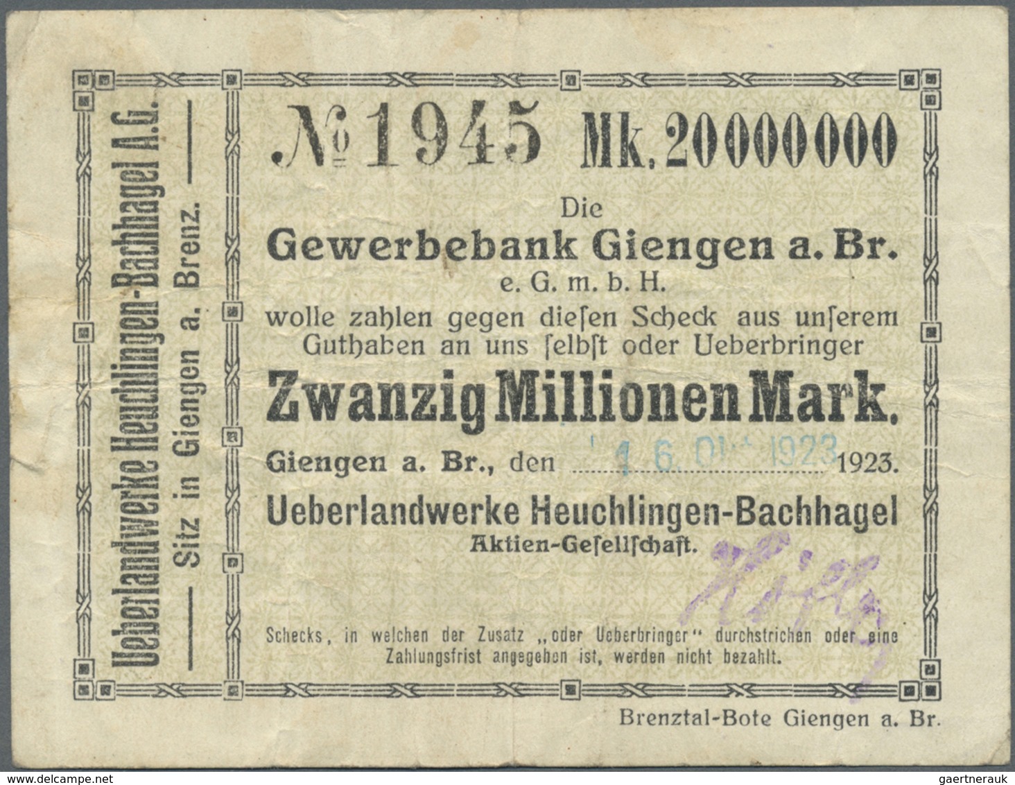 Deutschland - Notgeld - Württemberg: Giengen, Ueberlandwerke, 20 Mio. Mark, 16.10.1923 (Datum Gestem - [11] Emissions Locales