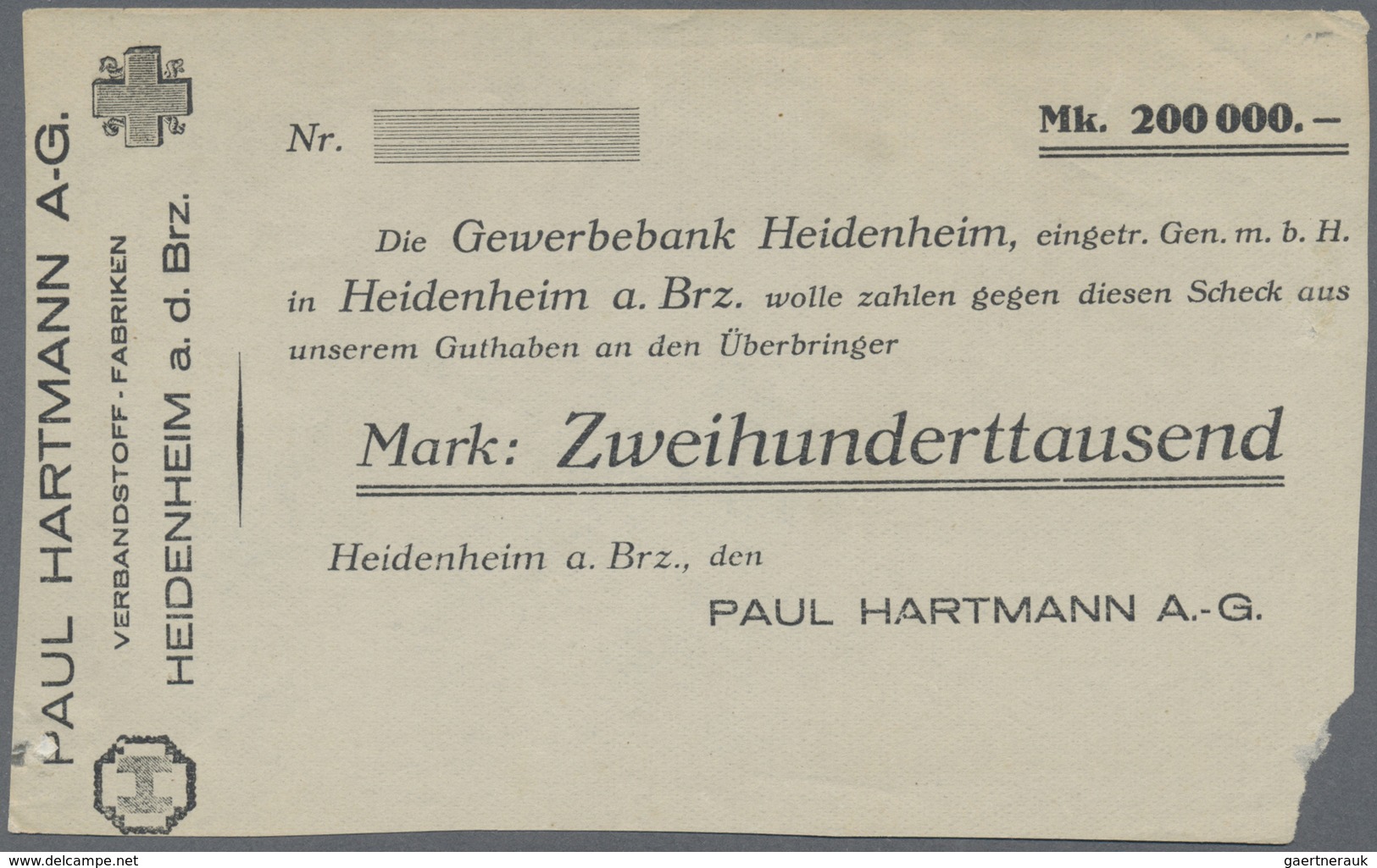 Deutschland - Notgeld - Württemberg: Heidenheim, Paul Hartmann AG, 200 Tsd. Mark, O. D. (blanko), Sc - [11] Local Banknote Issues