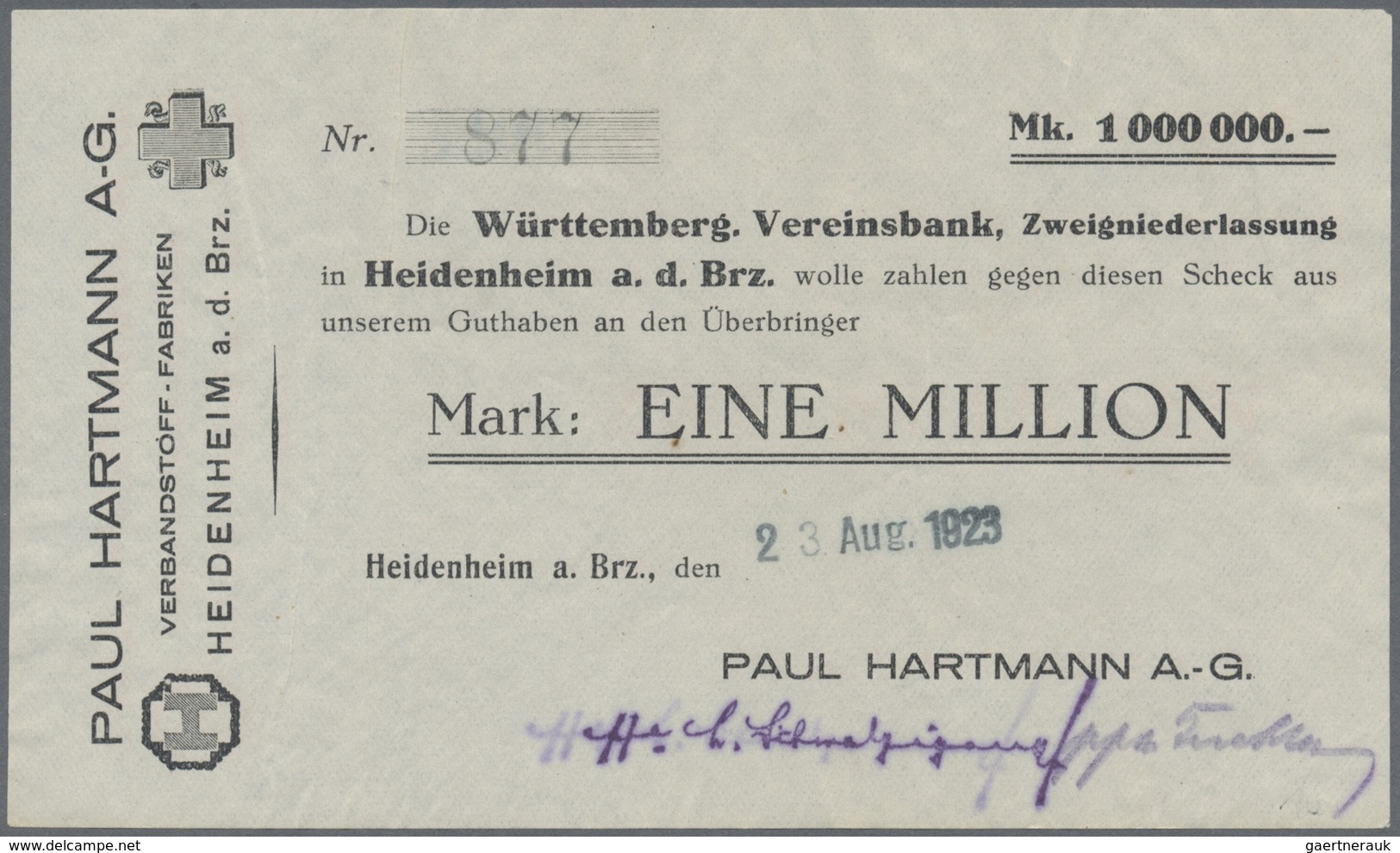 Deutschland - Notgeld - Württemberg: Heidenheim, Paul Hartmann AG, 2 X 1 Mio. Mark, O. D. (blanko), - [11] Local Banknote Issues