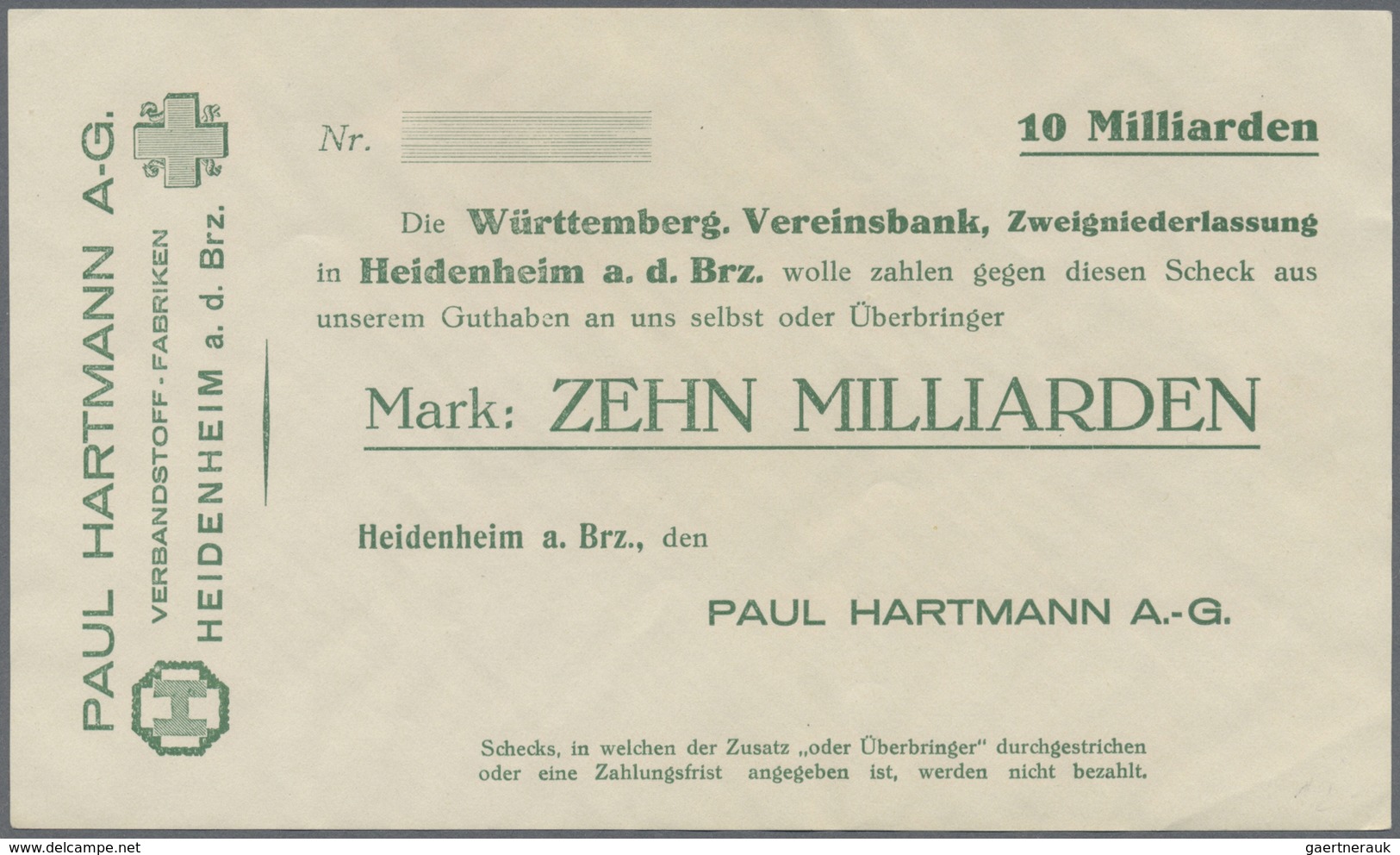 Deutschland - Notgeld - Württemberg: Heidenheim, Paul Hartmann AG, 5, 10 Mrd. Mark, O. D. (blanko), - [11] Local Banknote Issues