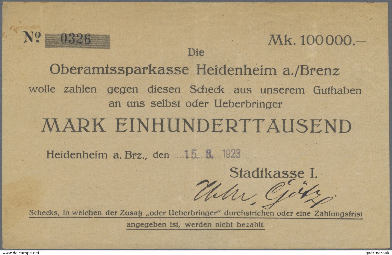 Deutschland - Notgeld - Württemberg: Heidenheim, Stadtkasse, 100 Tsd. Mark, 15.8.1923, Datum Gestemp - [11] Local Banknote Issues