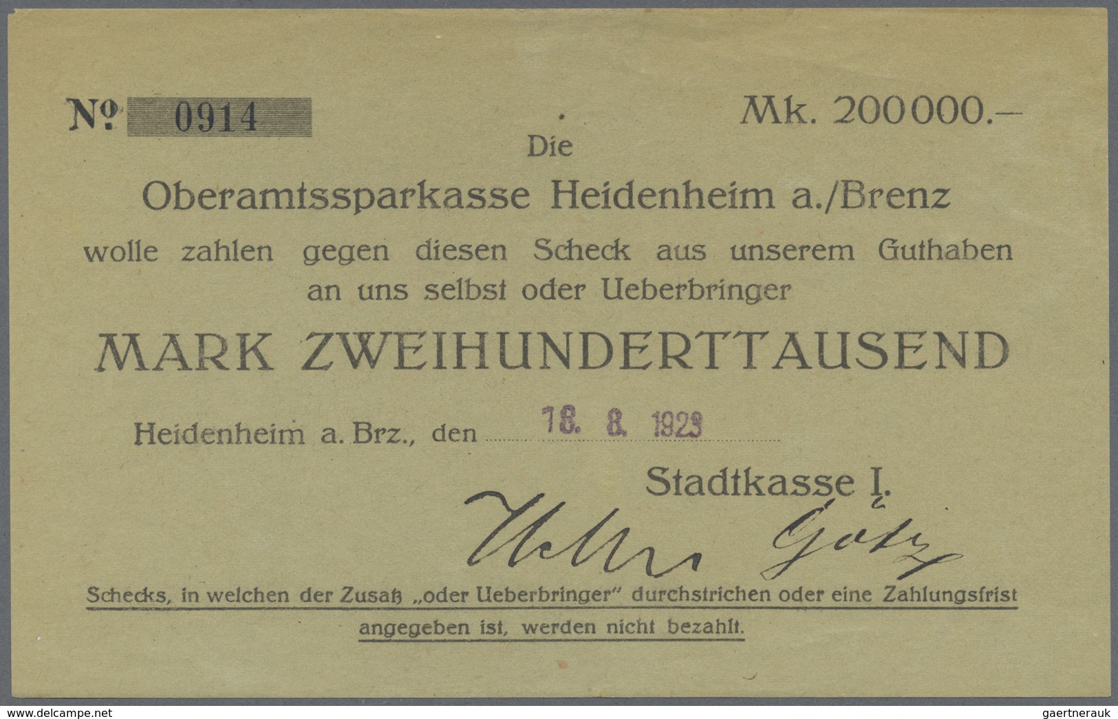 Deutschland - Notgeld - Württemberg: Heidenheim, Stadtkasse, 200 Tsd. Mark, 18.8.1923 (Datum Gestemp - [11] Emissions Locales