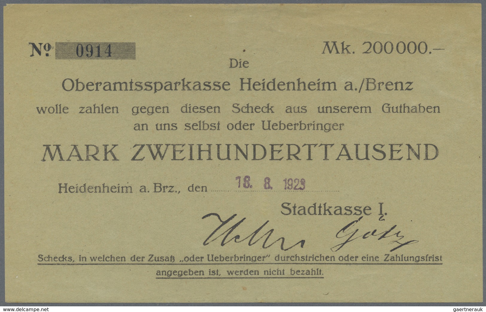 Deutschland - Notgeld - Württemberg: Heidenheim, Stadtkasse, 200 Tsd. Mark, 18.8.1923 (Datum Gestemp - [11] Local Banknote Issues