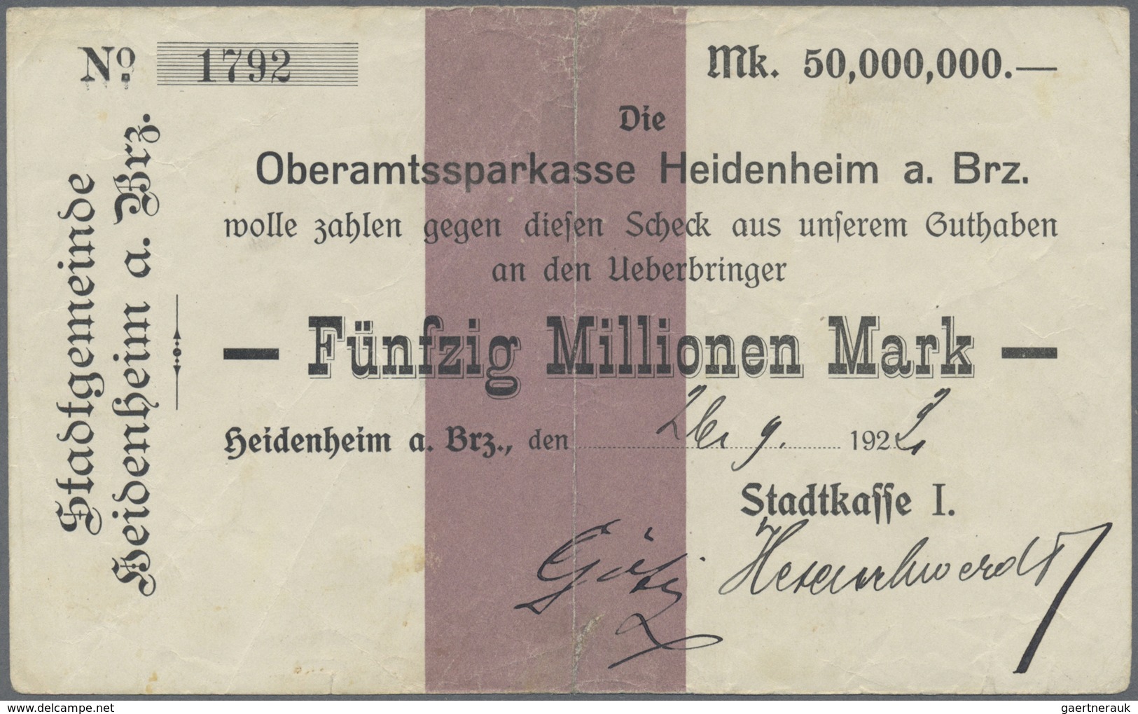 Deutschland - Notgeld - Württemberg: Heidenheim, Stadtkasse, 50 Mio. Mark, 26.9.1923 (Datum Handschr - [11] Emissions Locales
