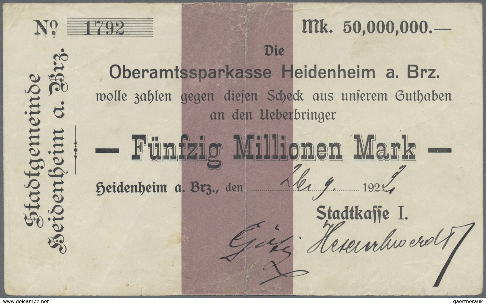 Deutschland - Notgeld - Württemberg: Heidenheim, Stadtkasse, 50 Mio. Mark, 26.9.1923 (Datum Handschr - [11] Local Banknote Issues