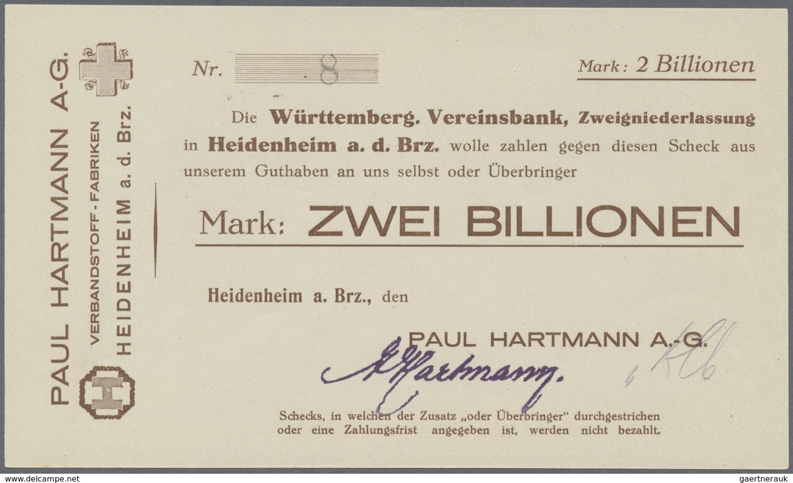 Deutschland - Notgeld - Württemberg: Heidenheim, Paul Hartmann AG, 1, 2 Billionen Mark, O. D., Mit K - [11] Local Banknote Issues