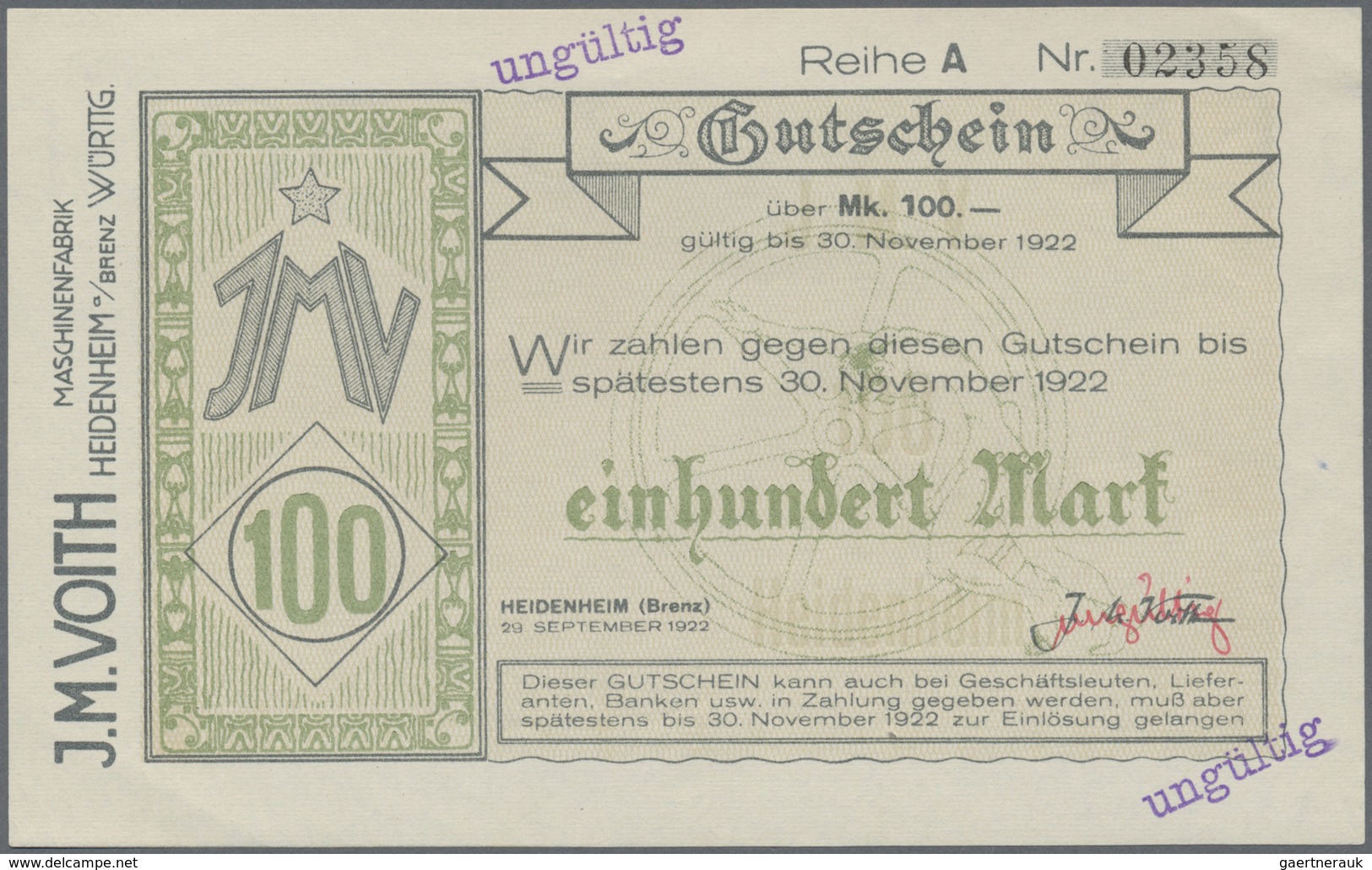 Deutschland - Notgeld - Württemberg: Heidenheim, J. M. Voith Maschinenfabrik, 100, 500 Mark, 29.9.19 - [11] Local Banknote Issues