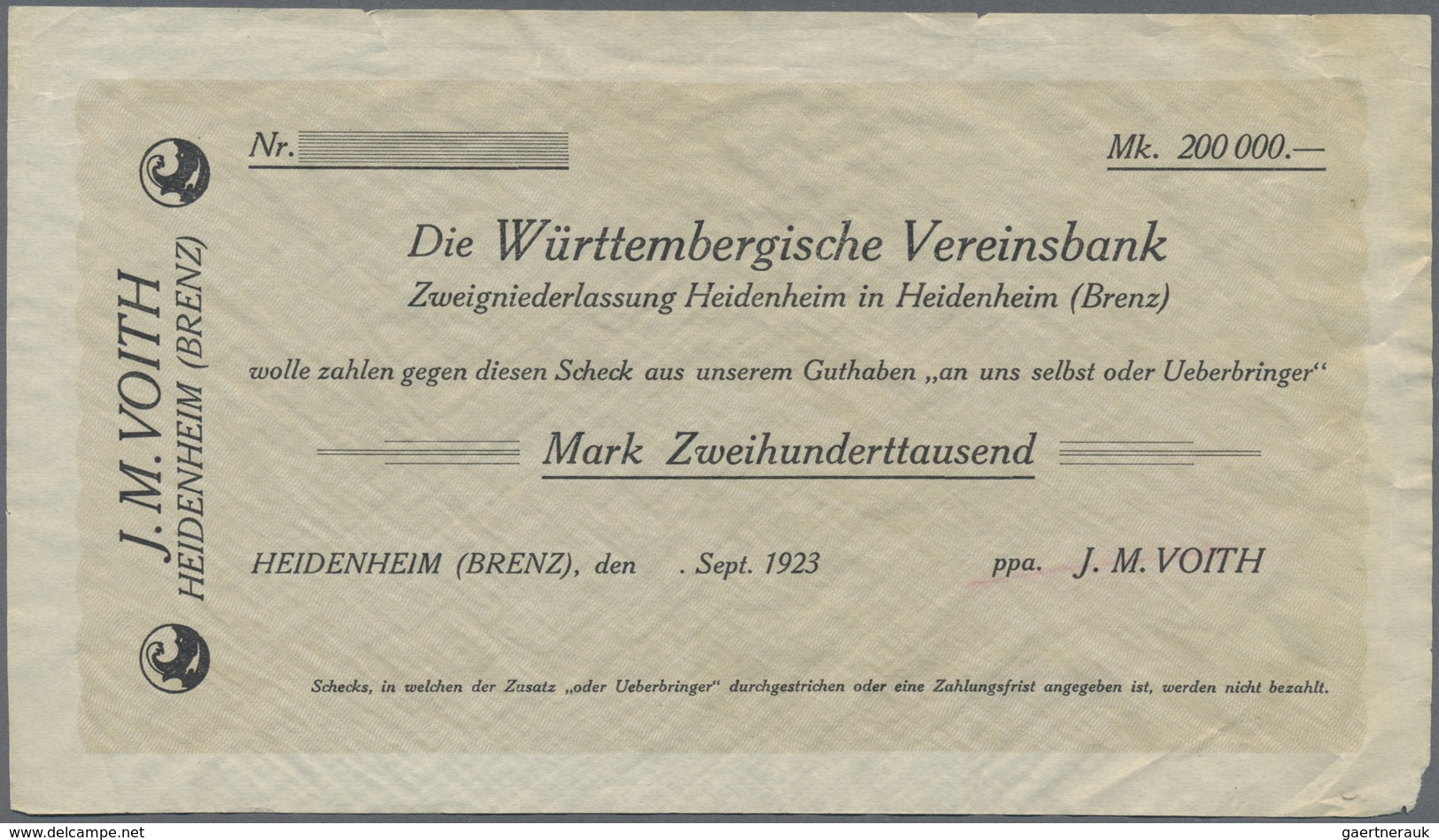 Deutschland - Notgeld - Württemberg: Heidenheim, J. M. Voith, 200 Tsd., 50 Mrd., O. D., Erh. II-, I, - [11] Local Banknote Issues