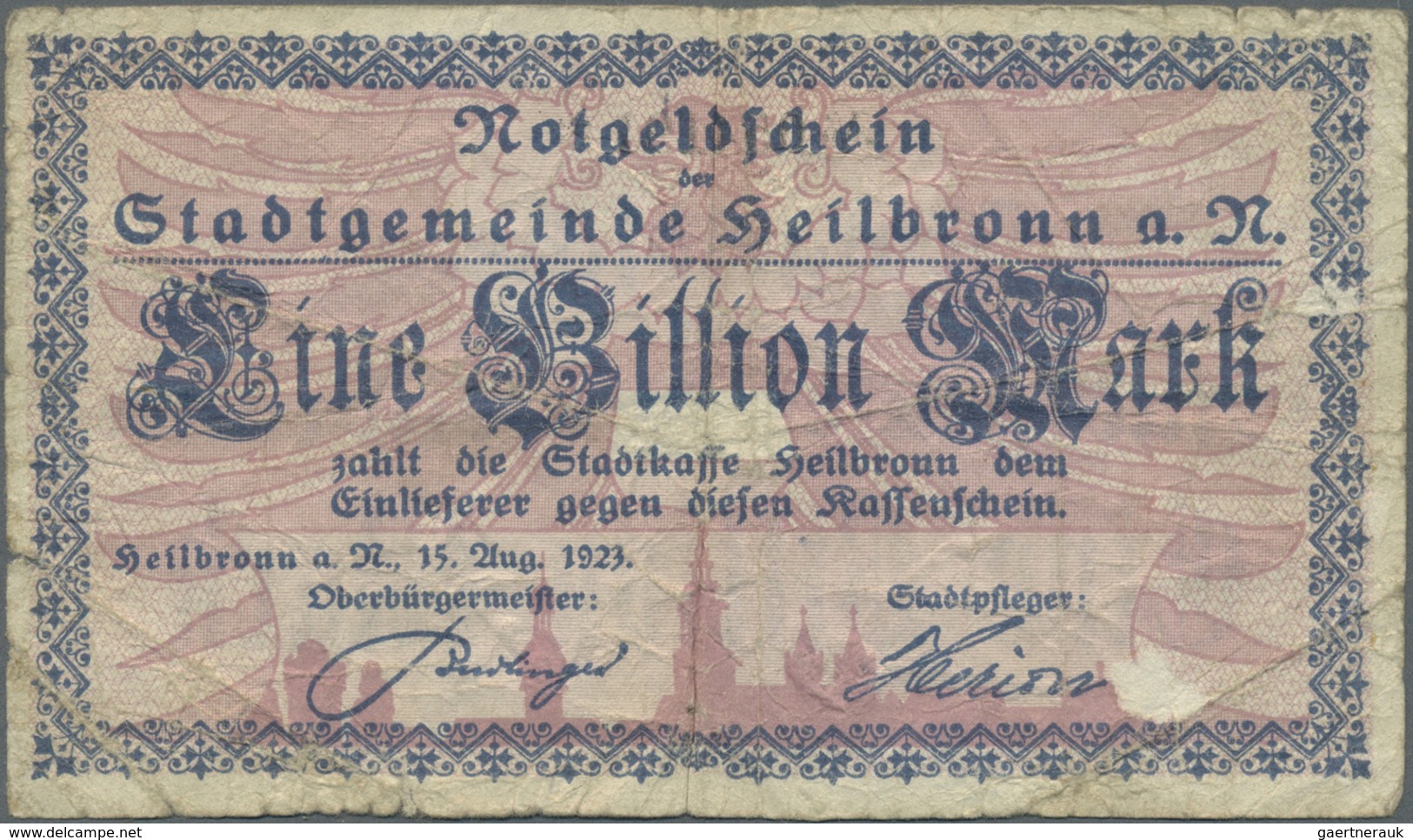 Deutschland - Notgeld - Württemberg: Heilbronn, Stadt, 1 Billion Mark,15.8.1923, Original, Erh. IV, - [11] Local Banknote Issues