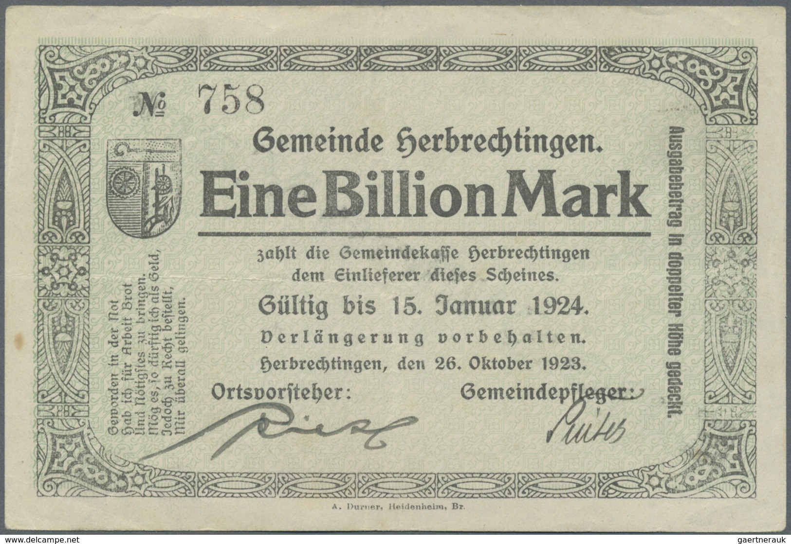 Deutschland - Notgeld - Württemberg: Herbrechtingen, Gemeinde, 20 Mrd. Bis 1 Billion Mark, 26.10.192 - [11] Emissioni Locali