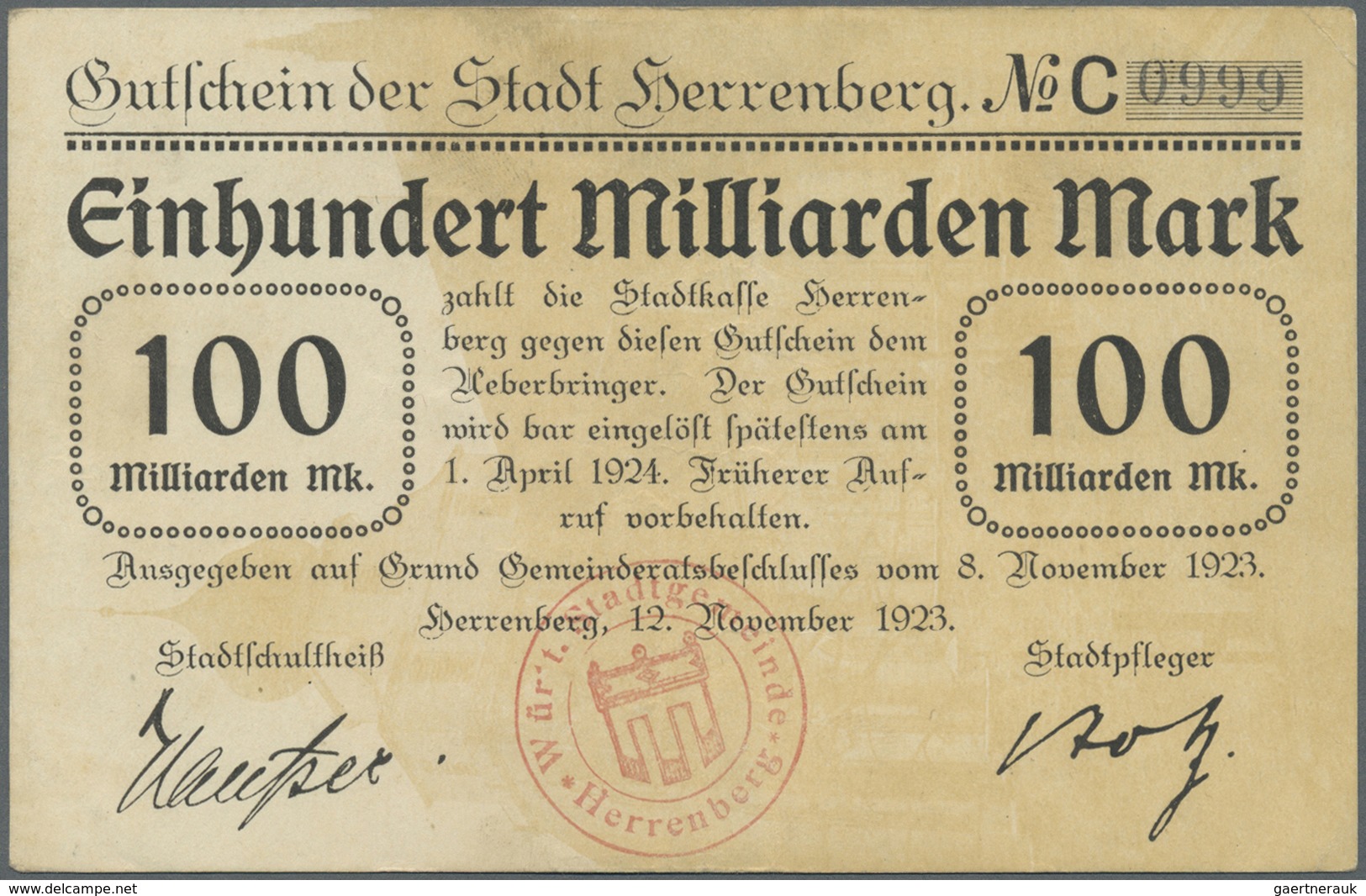 Deutschland - Notgeld - Württemberg: Herrenberg, Stadt, 500 Tsd., 1 Mio. Mark, 20.8.1923, 50 Mrd. Ma - [11] Local Banknote Issues