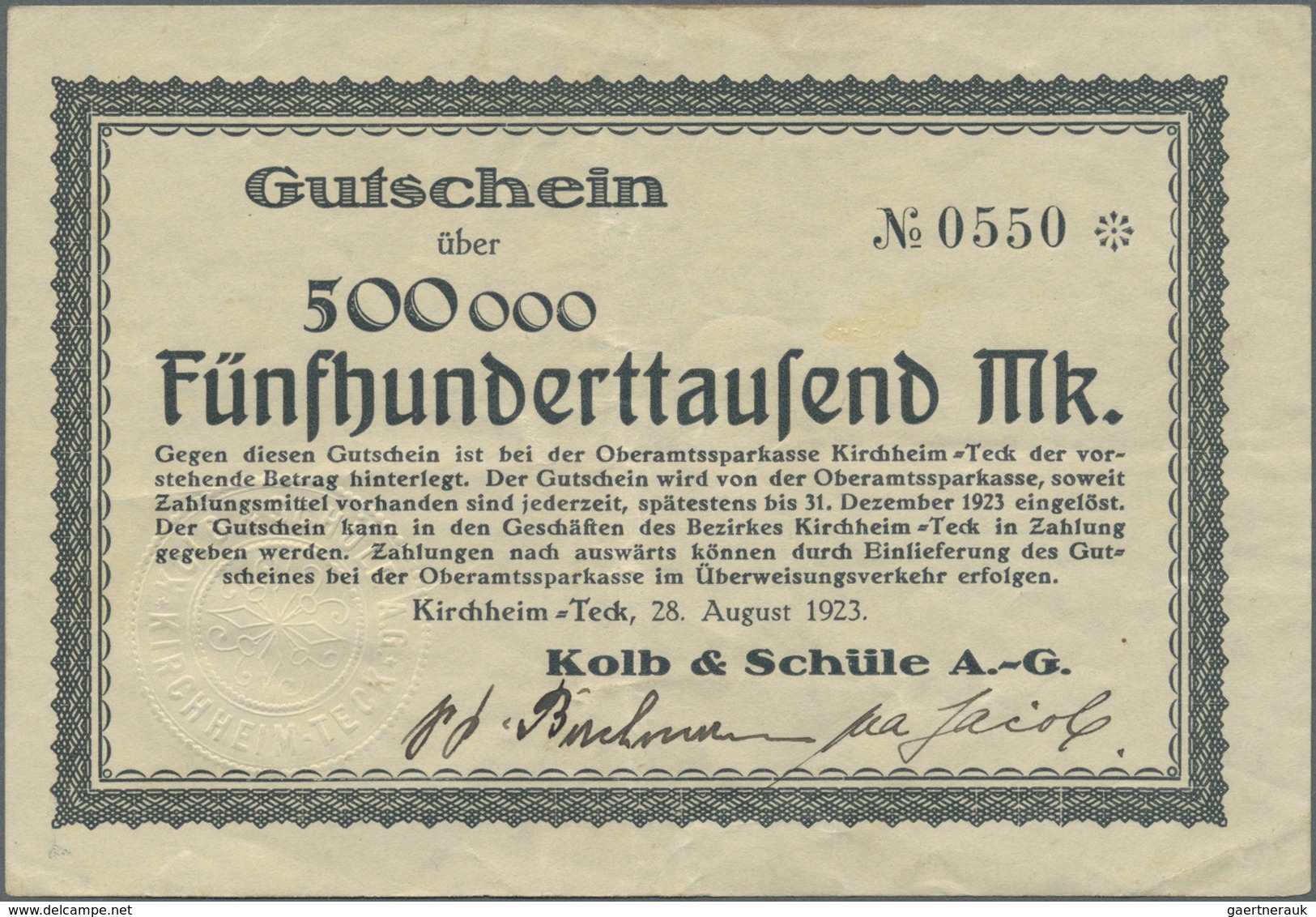 Deutschland - Notgeld - Württemberg: Kirchheim, Kolb & Schüle AG, 500 Tsd., 3 Mio. Mark, 28.8.1923, - [11] Local Banknote Issues