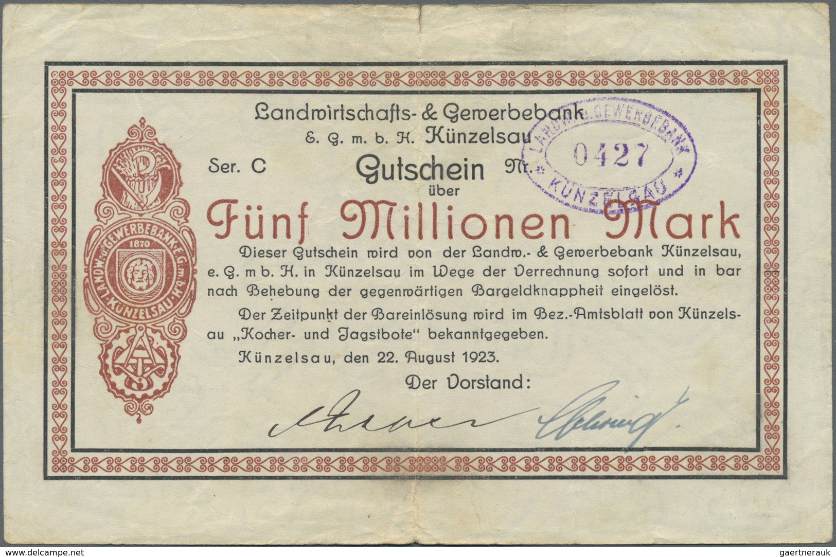 Deutschland - Notgeld - Württemberg: Künzelsau, Landwirtschafts- & Gewerbebank, 1, 2, 5 Mio. Mark, 2 - [11] Local Banknote Issues