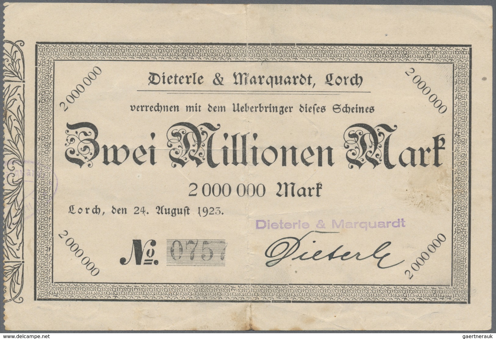 Deutschland - Notgeld - Württemberg: Lorch, Dieterle & Marquardt, 2 Mio. Mark, 24.8.1923, Erh. III; - [11] Emissioni Locali
