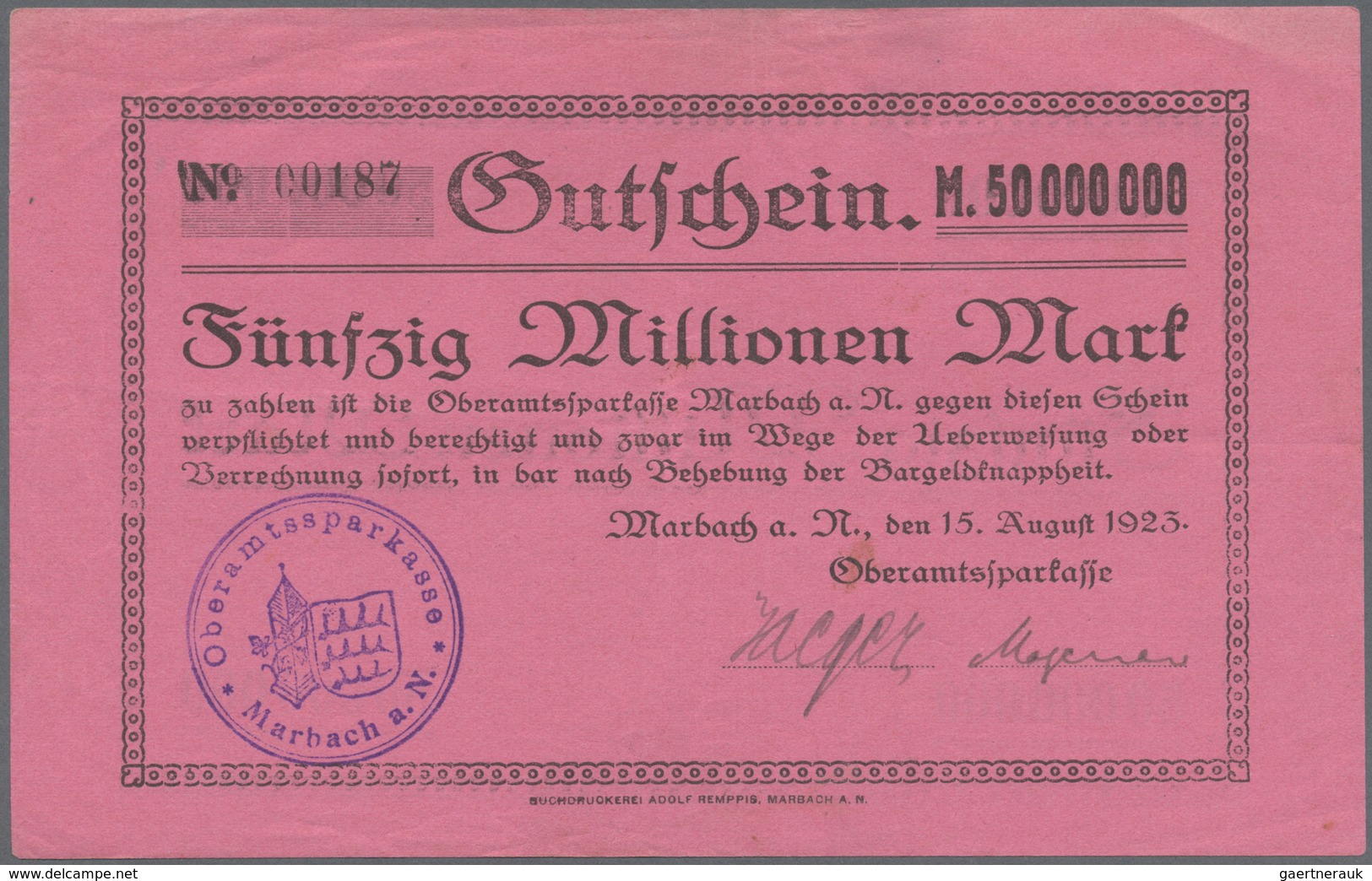 Deutschland - Notgeld - Württemberg: Marbach, Marbacher Bank EGmbH, 500 Tsd. Mark, 9.8.1923, 1 Mio. - [11] Local Banknote Issues