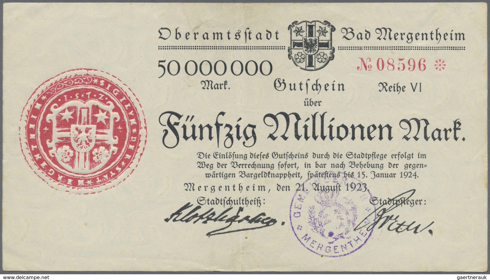 Deutschland - Notgeld - Württemberg: Mergentheim, Amtskörperschaft, 2 X 100 Mrd. Mark, 31.10.1923, U - [11] Local Banknote Issues