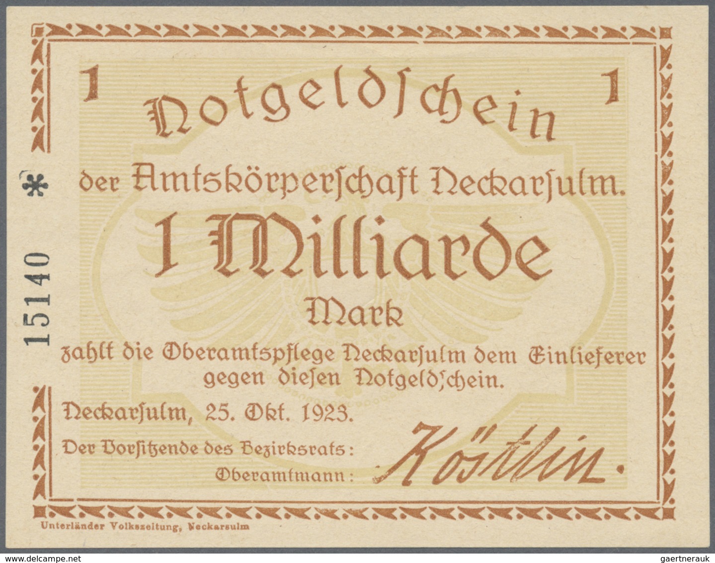 Deutschland - Notgeld - Württemberg: Neckarsulm, Stadtgemeinde, 5, 10, 50 Mark, 15.11.1918, Erh. I; - [11] Emissioni Locali