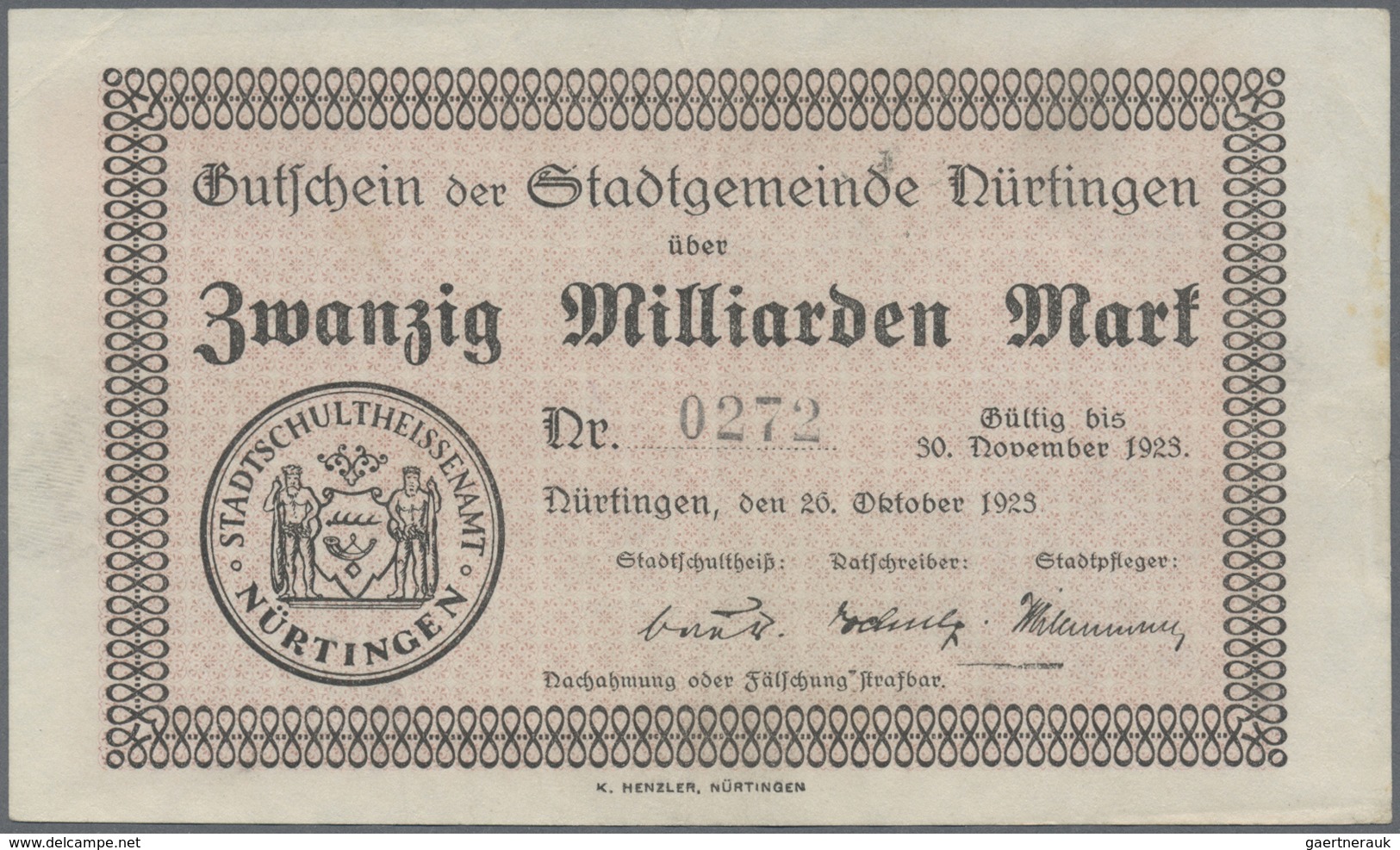 Deutschland - Notgeld - Württemberg: Neuffen, Stadt, 1, 5, 10 Mrd. Mark, 29.10.1923, Gebraucht; Nürt - [11] Emissioni Locali