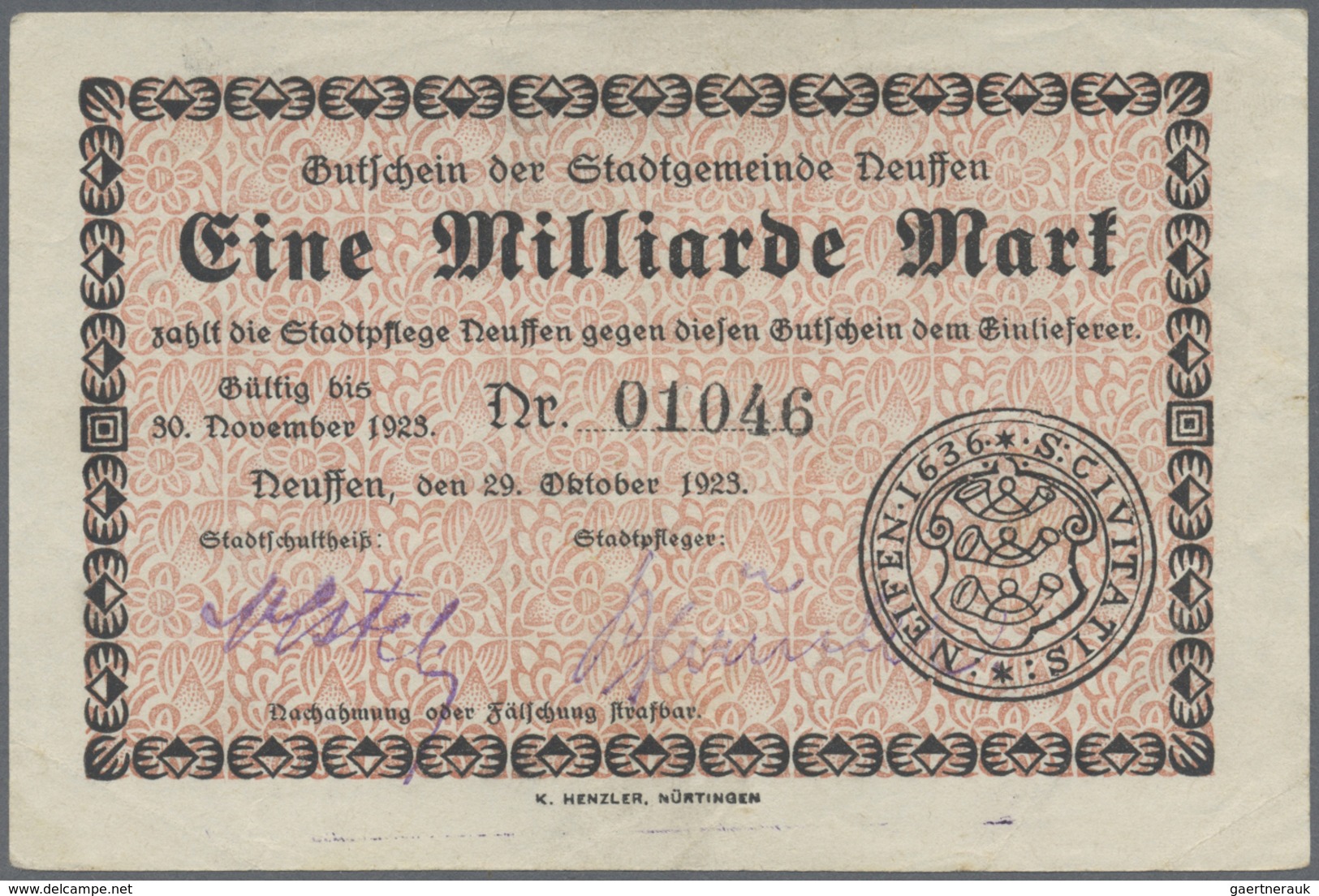 Deutschland - Notgeld - Württemberg: Neuffen, Stadt, 1, 5, 10 Mrd. Mark, 29.10.1923, Gebraucht; Nürt - [11] Local Banknote Issues