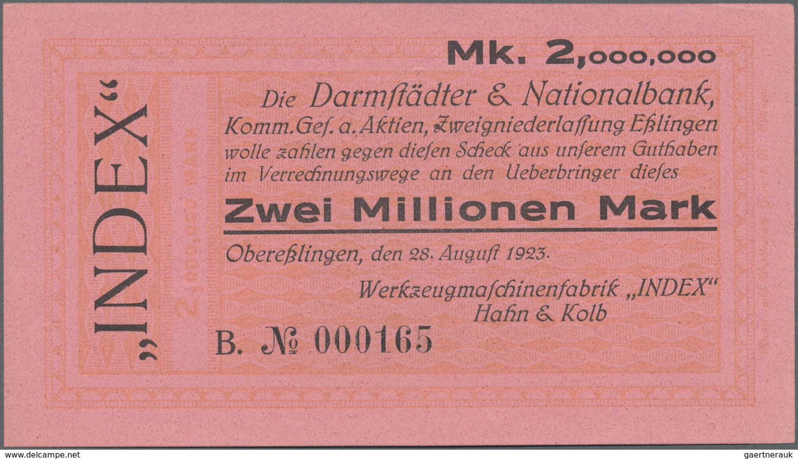 Deutschland - Notgeld - Württemberg: Oberesslingen, INDEX Hahn & Kolb, 1, 2 Mio. Mark, 28.8.1923, Er - [11] Local Banknote Issues