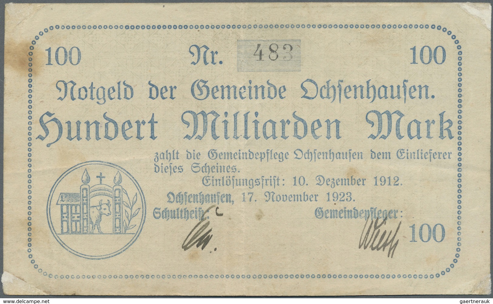 Deutschland - Notgeld - Württemberg: Ochsenhausen, Gemeinde, 5, 10, 20 Mrd. Mark, 27.10.1923, 2 X 10 - [11] Local Banknote Issues