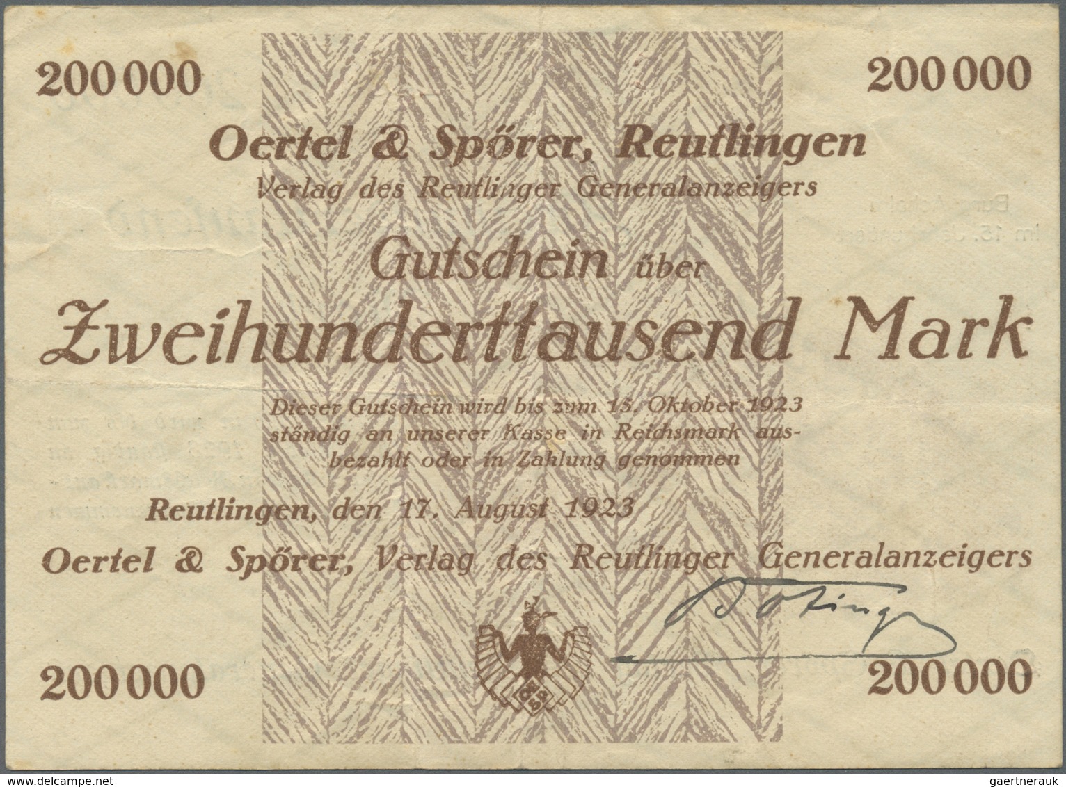 Deutschland - Notgeld - Württemberg: Reutlingen, Oertel & Spörer, Reutlinger Generalanzeiger, 200 Ts - [11] Local Banknote Issues