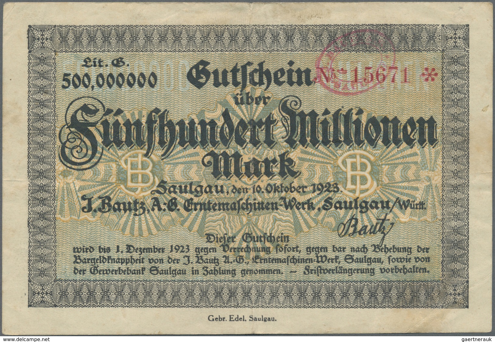 Deutschland - Notgeld - Württemberg: Saulgau, J. Bautz AG, Los Von 17 Scheinen 1922 Und 1923, Karau - [11] Emissioni Locali