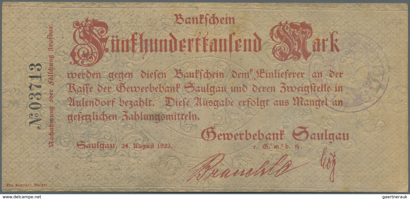 Deutschland - Notgeld - Württemberg: Saulgau, Carl Platz, 500, 1000 Mark, 20.10.1922; Dito, AOK, 2 X - [11] Emissioni Locali