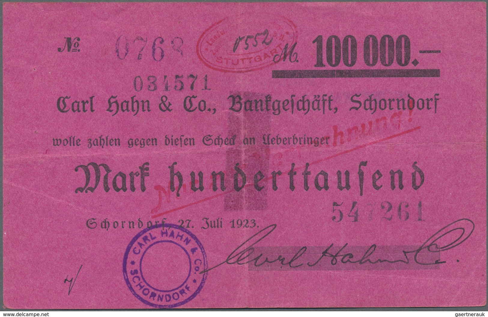 Deutschland - Notgeld - Württemberg: Schorndorf, Bankhaus Carl Hahn & Co., 100 Tsd. Mark, 27.7.1923, - [11] Local Banknote Issues