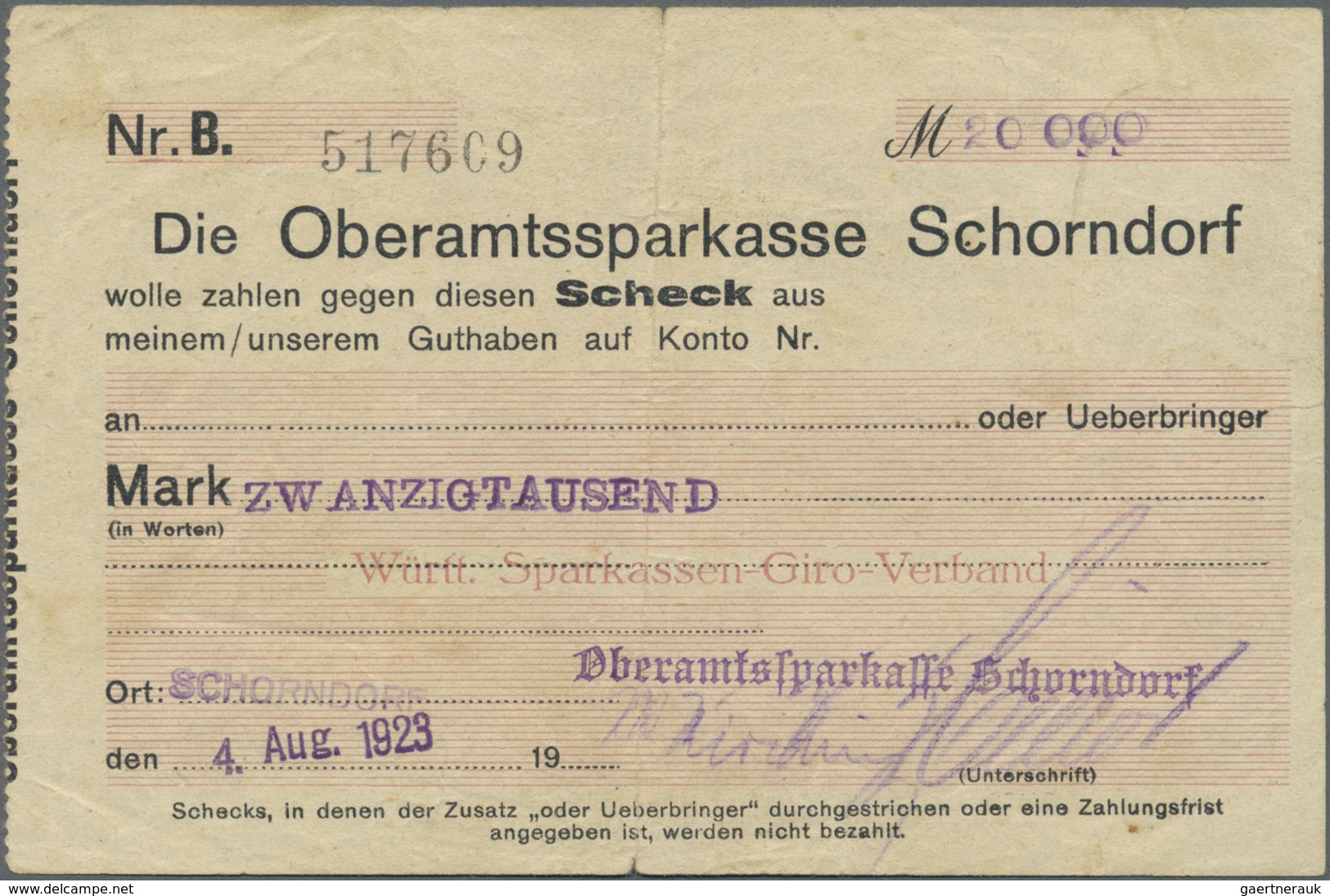 Deutschland - Notgeld - Württemberg: Schorndorf, Oberamtssparkasse, 20 Tsd. Mark, 4.8.1923, Eigensch - [11] Local Banknote Issues