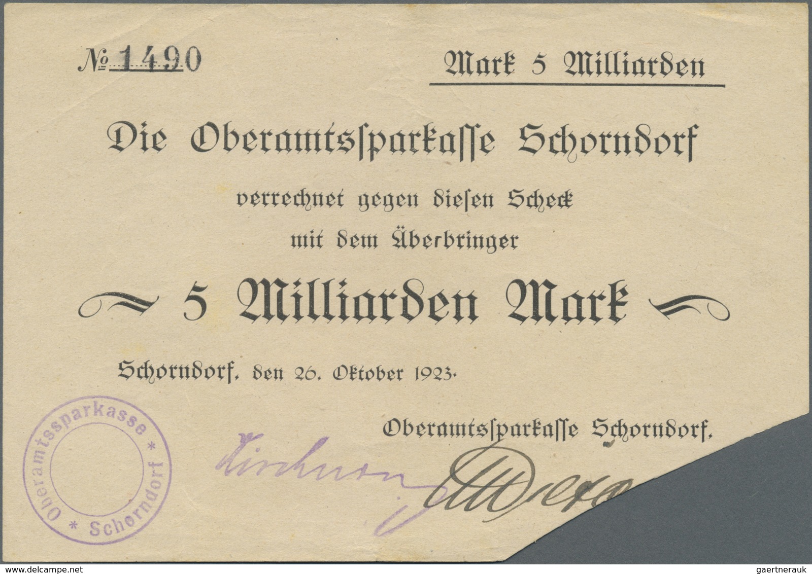 Deutschland - Notgeld - Württemberg: Schorndorf, Oberamtssparkasse, 5 Mrd. Mark, 26.10.1923, Gedruck - [11] Emissioni Locali