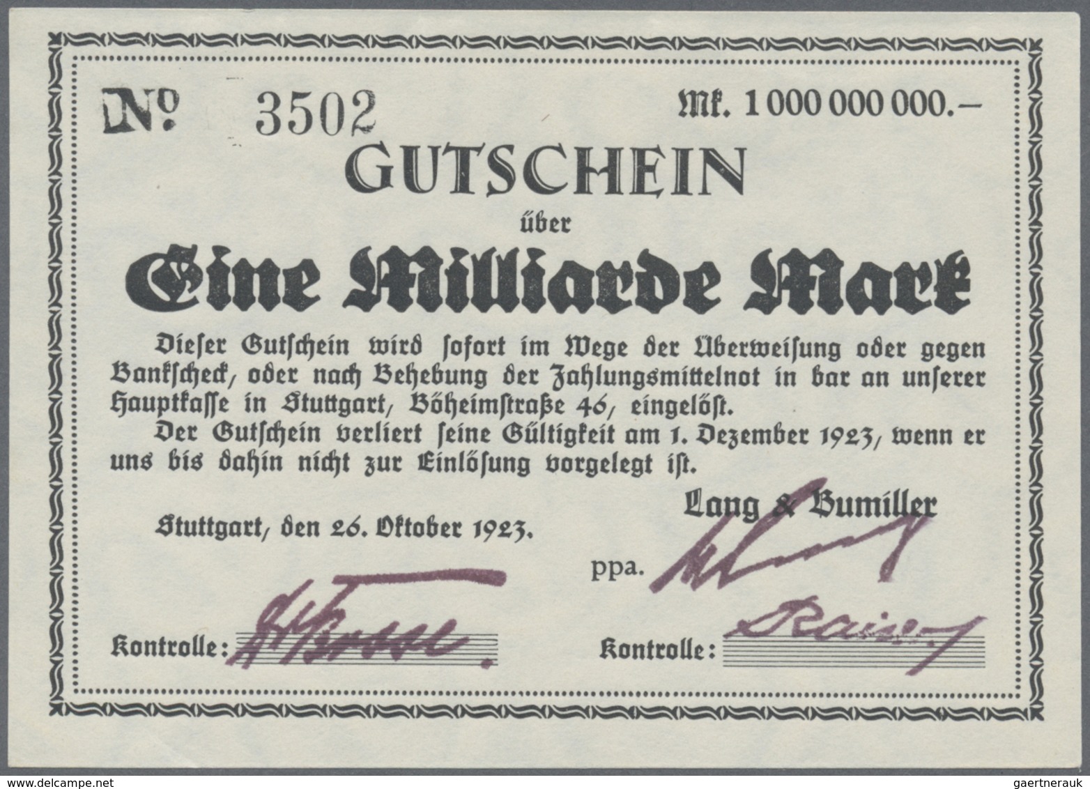 Deutschland - Notgeld - Württemberg: Stuttgart, Lang & Bumiller, 1, 5, 2 X 10 Mrd. Mark, 26.10.1923 - [11] Emissions Locales