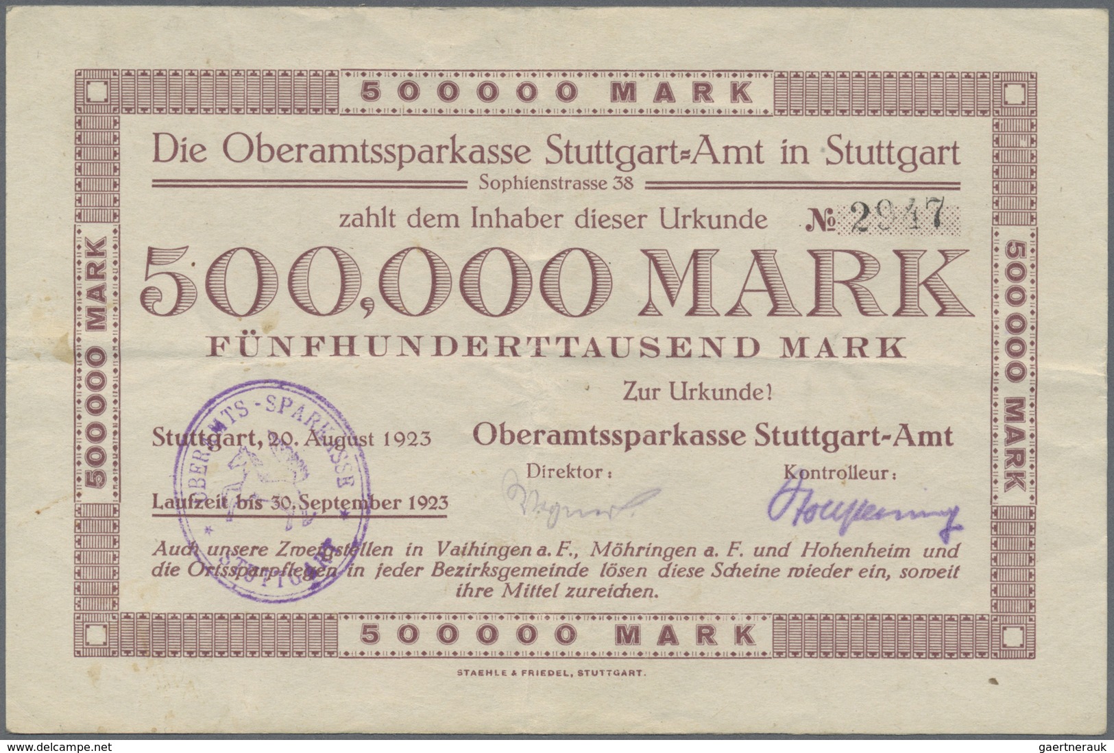 Deutschland - Notgeld - Württemberg: Stuttgart, Oberamtssparkasse, 50 Tsd. Mark, 30.7.1923, 500 Tsd. - [11] Emissioni Locali