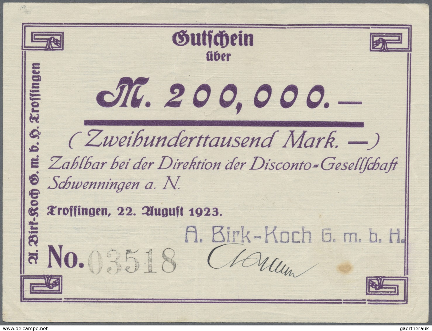 Deutschland - Notgeld - Württemberg: Trossingen, A. Birk - Koch GmbH, 100 Tsd. Mark, 27.8.1923, 200 - [11] Emissioni Locali