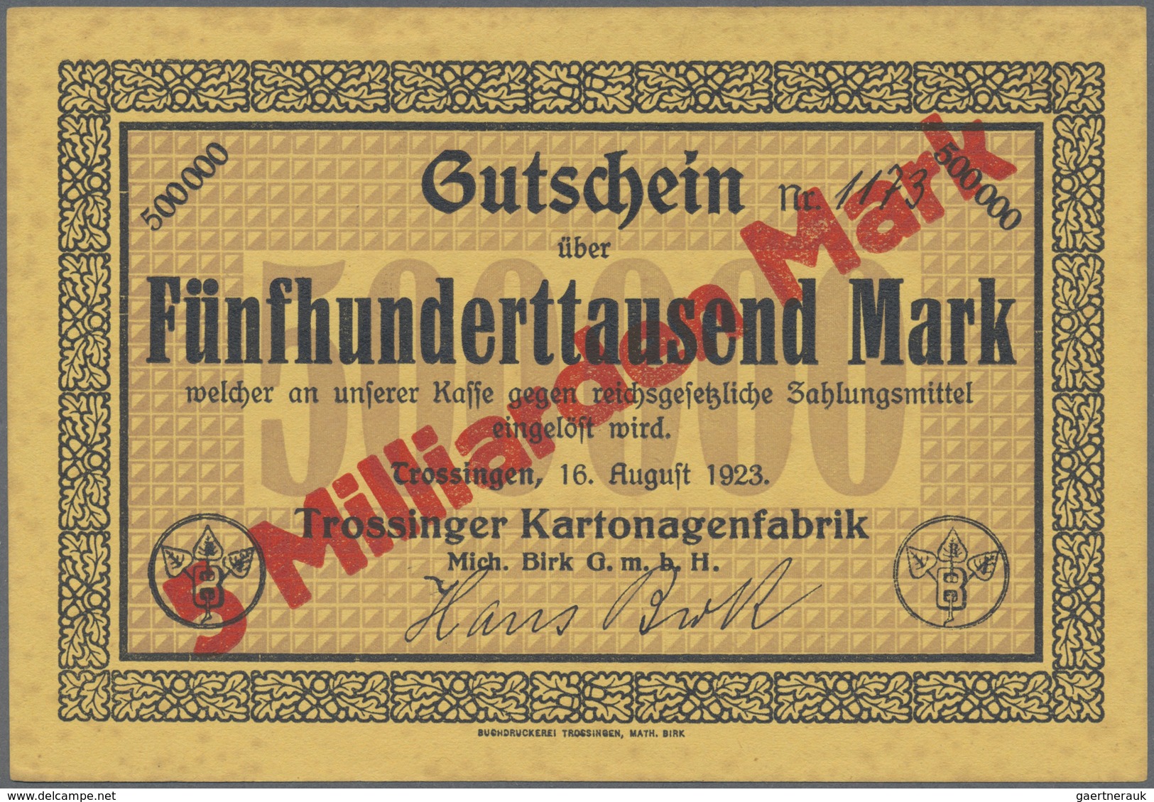 Deutschland - Notgeld - Württemberg: Trossingen, A. Birk - Koch GmbH, 100 Tsd. Mark, 27.8.1923, 200 - [11] Emissioni Locali