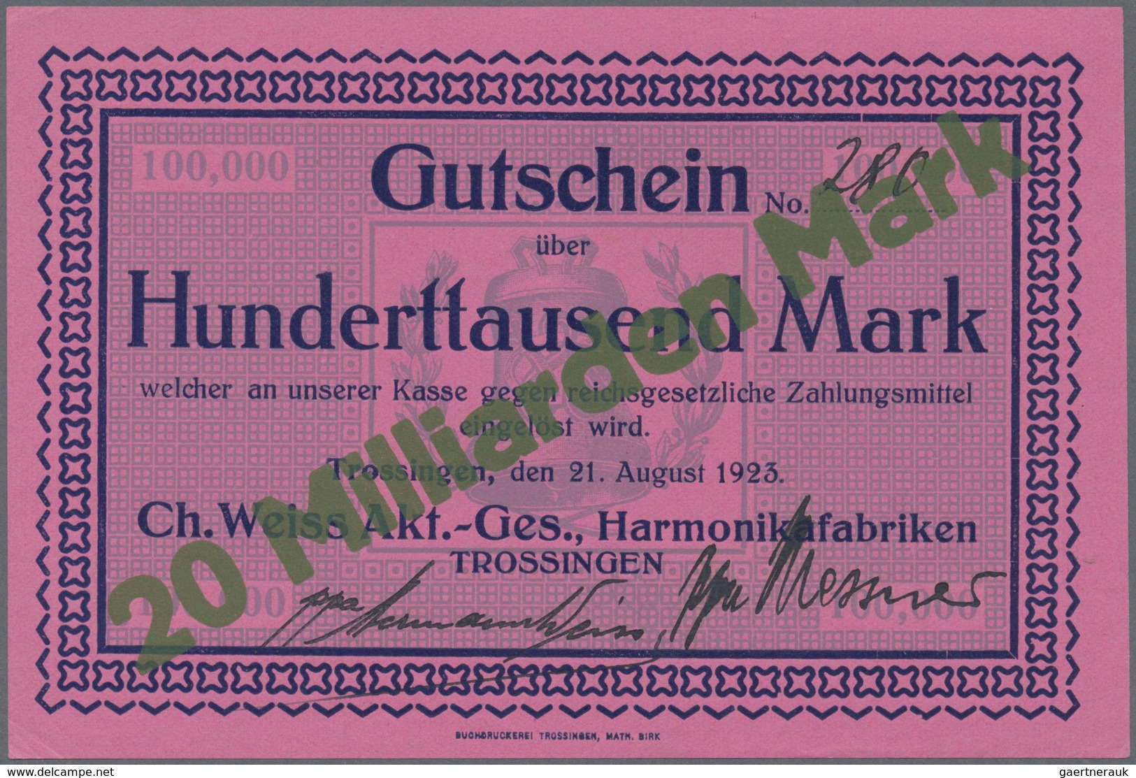 Deutschland - Notgeld - Württemberg: Trossingen, Maschinenfabrik Johs. Koch, 100 Tsd. Mark, 17.8.192 - [11] Emissioni Locali