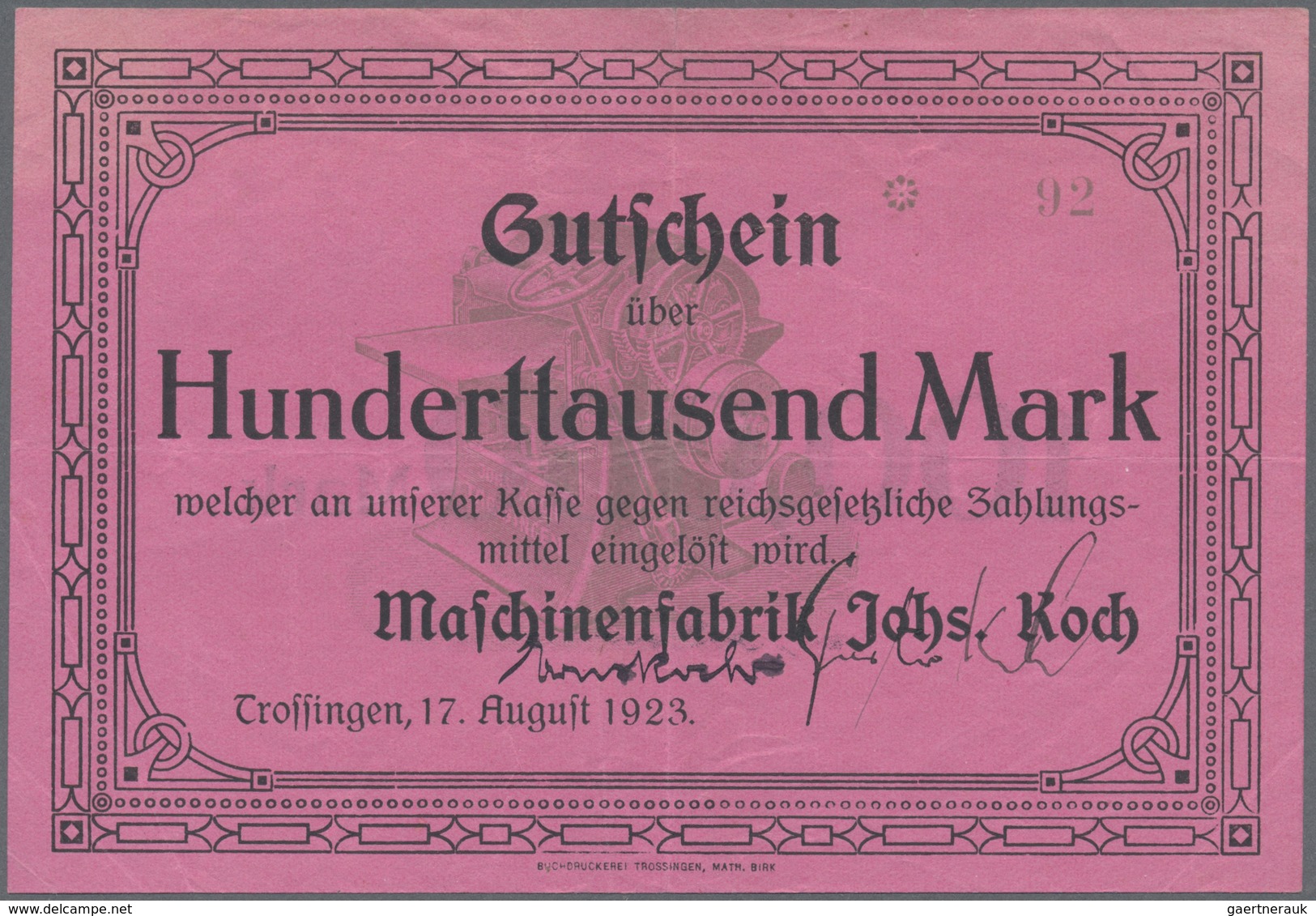 Deutschland - Notgeld - Württemberg: Trossingen, Maschinenfabrik Johs. Koch, 100 Tsd. Mark, 17.8.192 - [11] Emissioni Locali