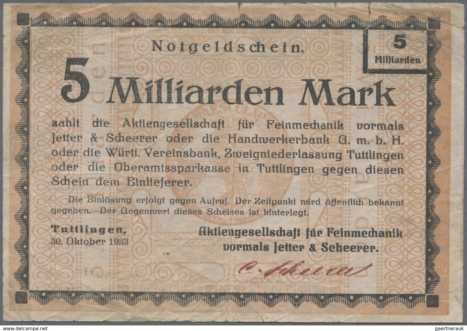 Deutschland - Notgeld - Württemberg: Tuttlingen, Stadt, 2 X 50 Pf., 1918; Je 2 X 10, 20, 50 Mark, 23 - [11] Emissioni Locali