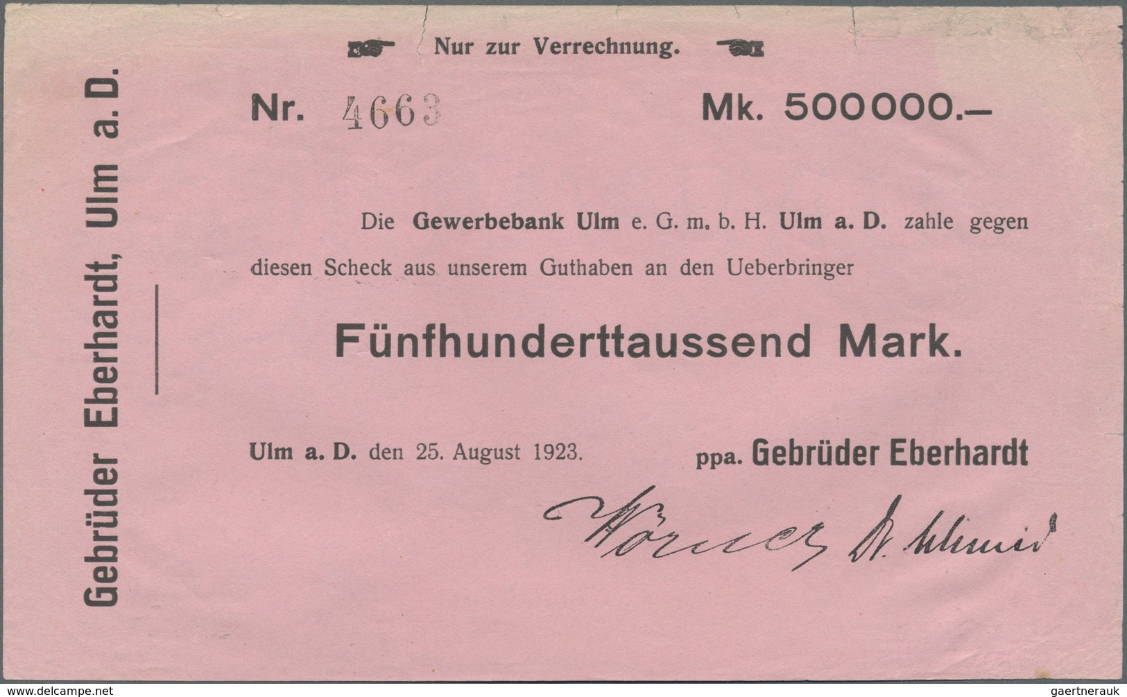 Deutschland - Notgeld - Württemberg: Ulm, Gebrüder Eberhardt, Pflugfabrik, 500 Tsd. Mark, 25.8.1923, - [11] Emissioni Locali