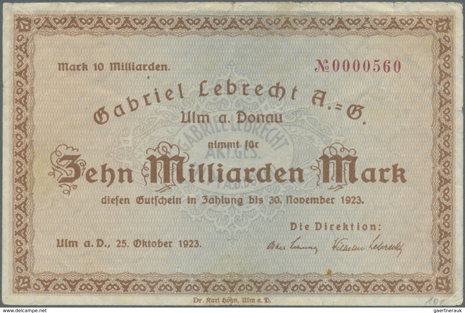 Deutschland - Notgeld - Württemberg: Ulm, J. Eckhardt & Sohn, 20 Mrd. Mark, 30.10.1923, 100 Mrd. Mar - [11] Emissioni Locali