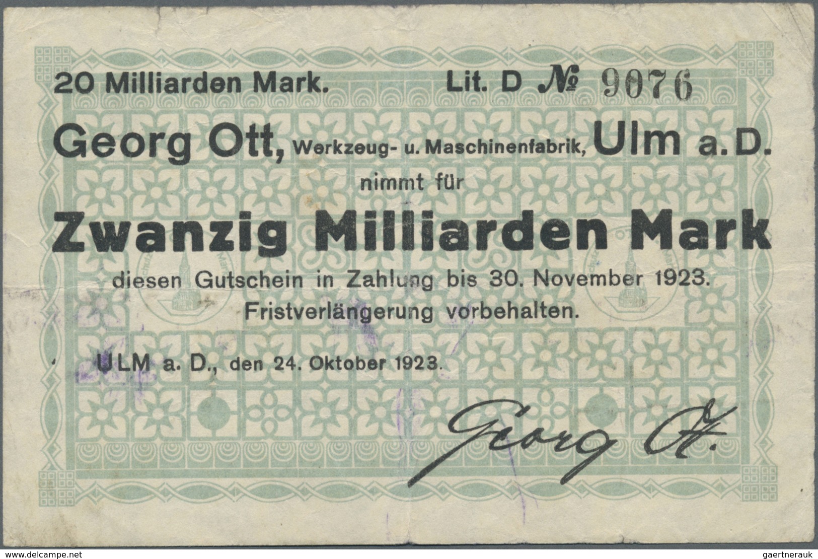 Deutschland - Notgeld - Württemberg: Ulm, Georg Ott, 20 Mrd. Mark, 24.10.1923, Erh. III- - [11] Emissioni Locali