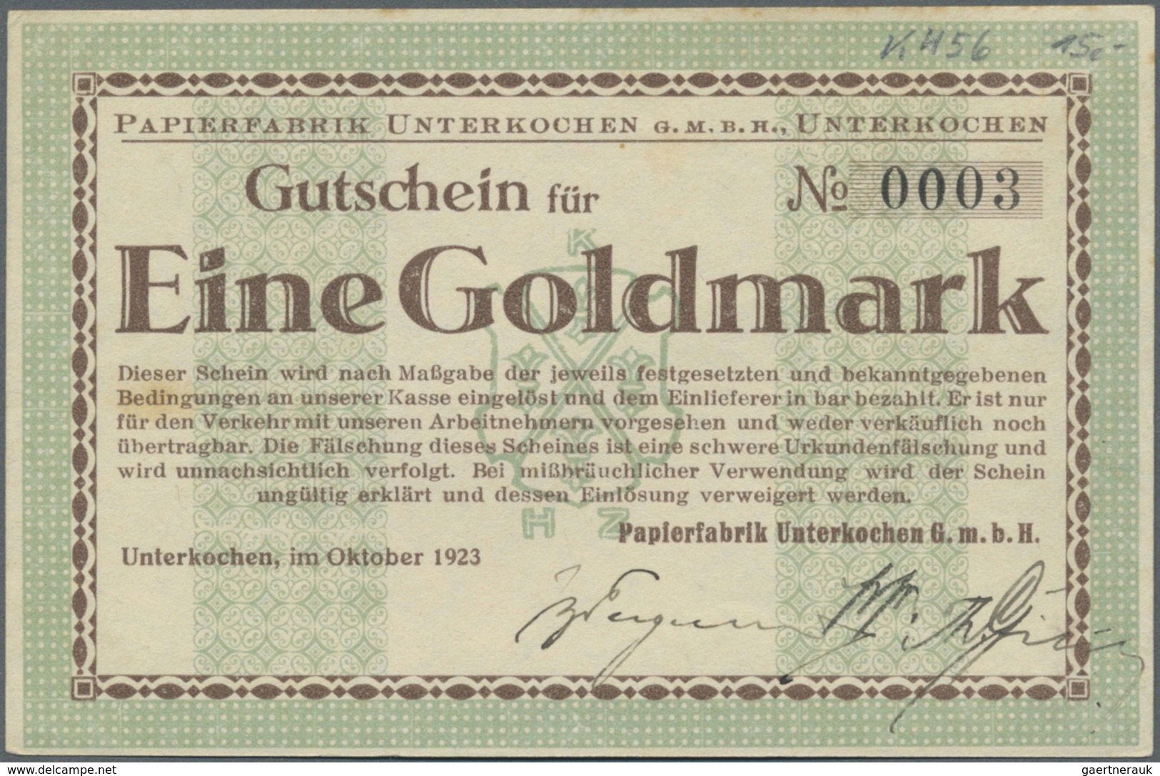 Deutschland - Notgeld - Württemberg: Unterkochen, Papierwerke GmbH, 1 Goldmark, Ende Oktober 1923, E - [11] Emissioni Locali