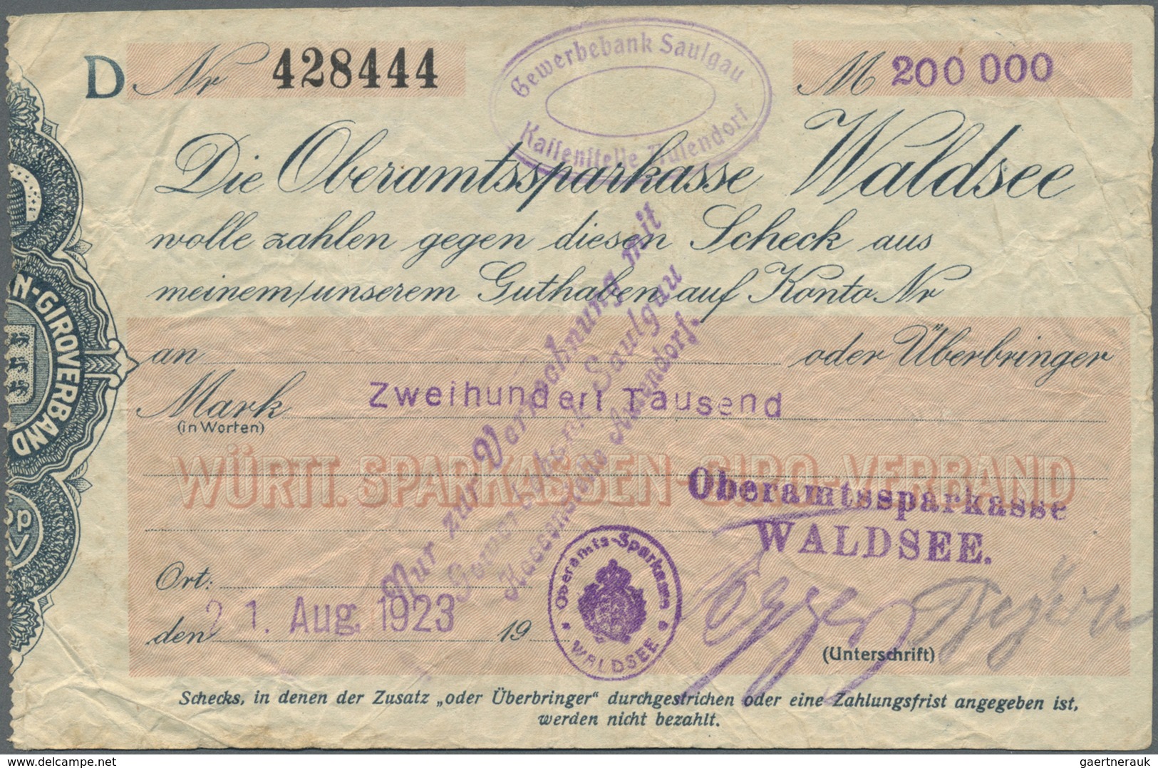 Deutschland - Notgeld - Württemberg: Waldsee, Oberamtssparkasse, 50, 100 Tsd. Mark, 16.8.1923, 200 T - [11] Emissioni Locali