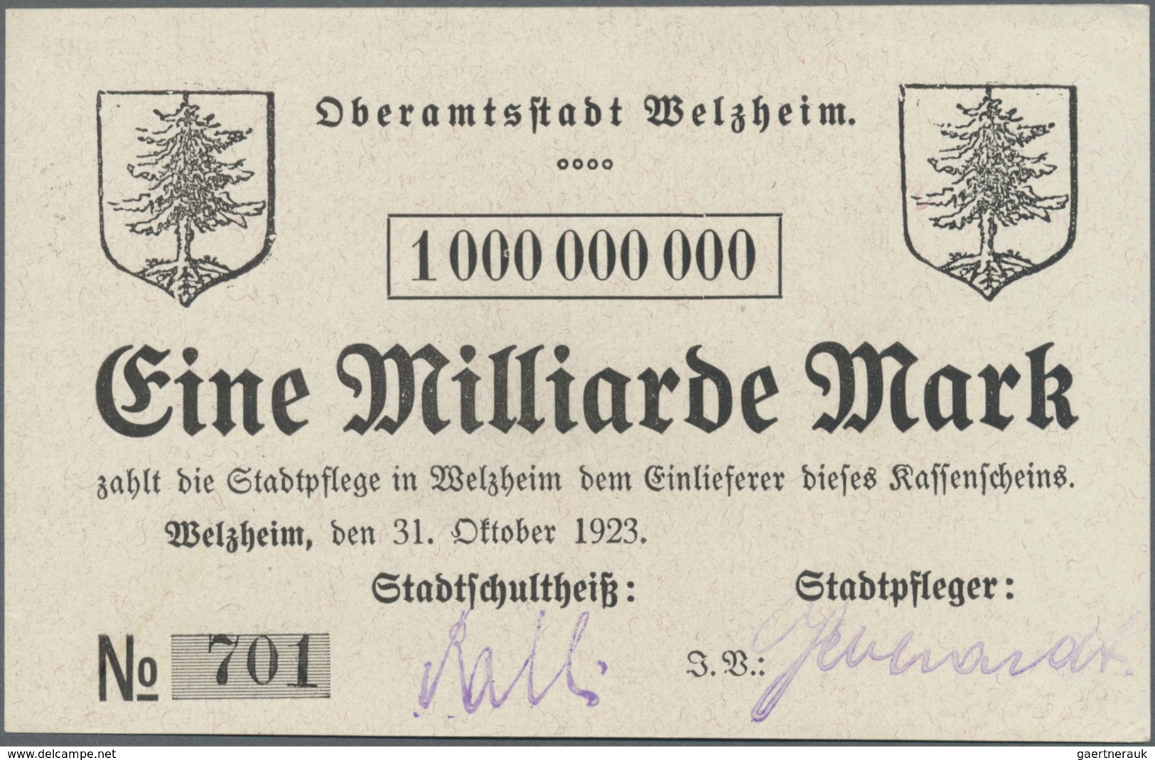 Deutschland - Notgeld - Württemberg: Welzheim, Oberamtsstadt, 1, 10, 20, 50, 100 Mrd. Mark, 31.10.19 - [11] Emissioni Locali