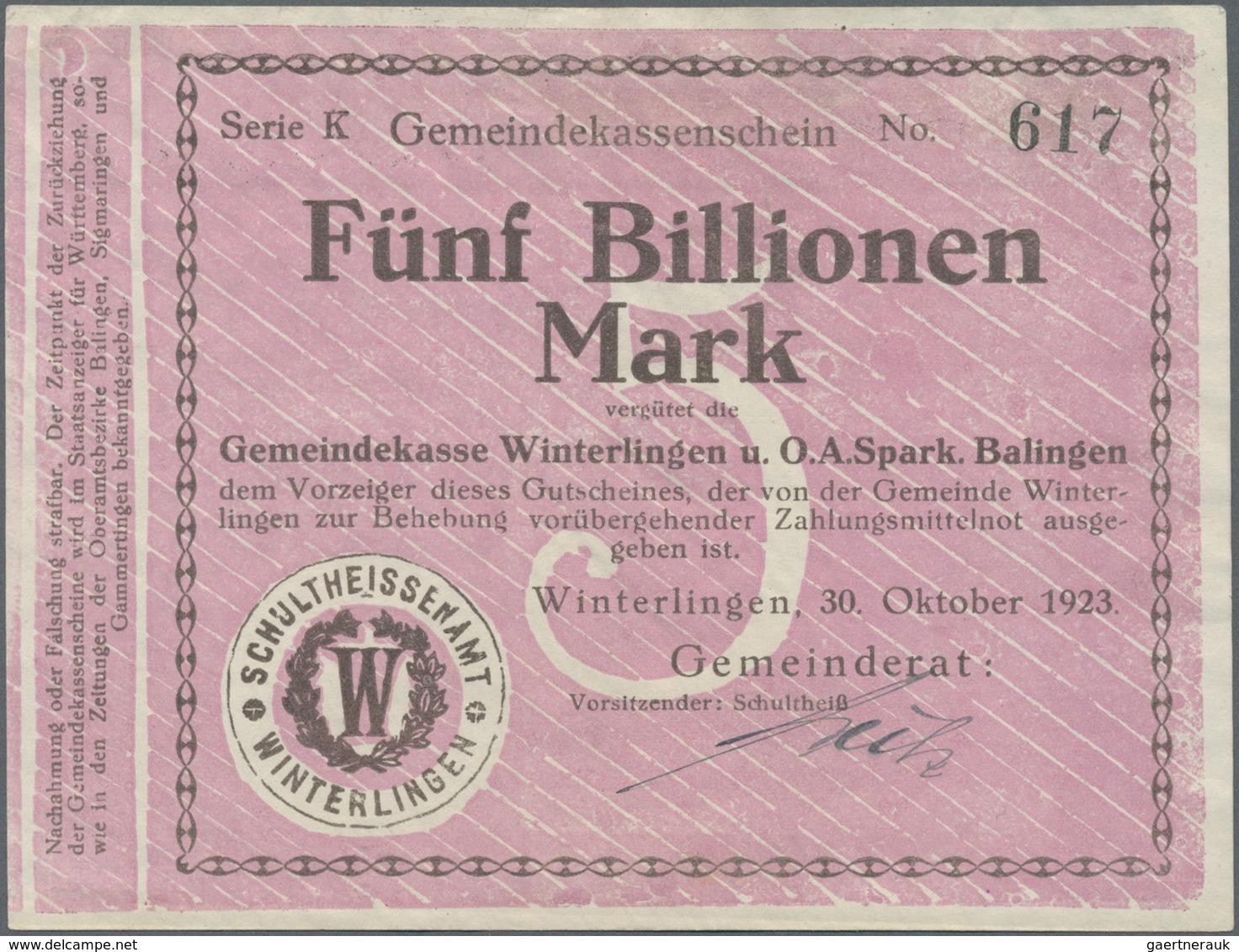 Deutschland - Notgeld - Württemberg: Winterlingen, Gemeinde, 100 Mio. Mark, 1.10.1923, 1 Mrd. Mark, - [11] Emissioni Locali