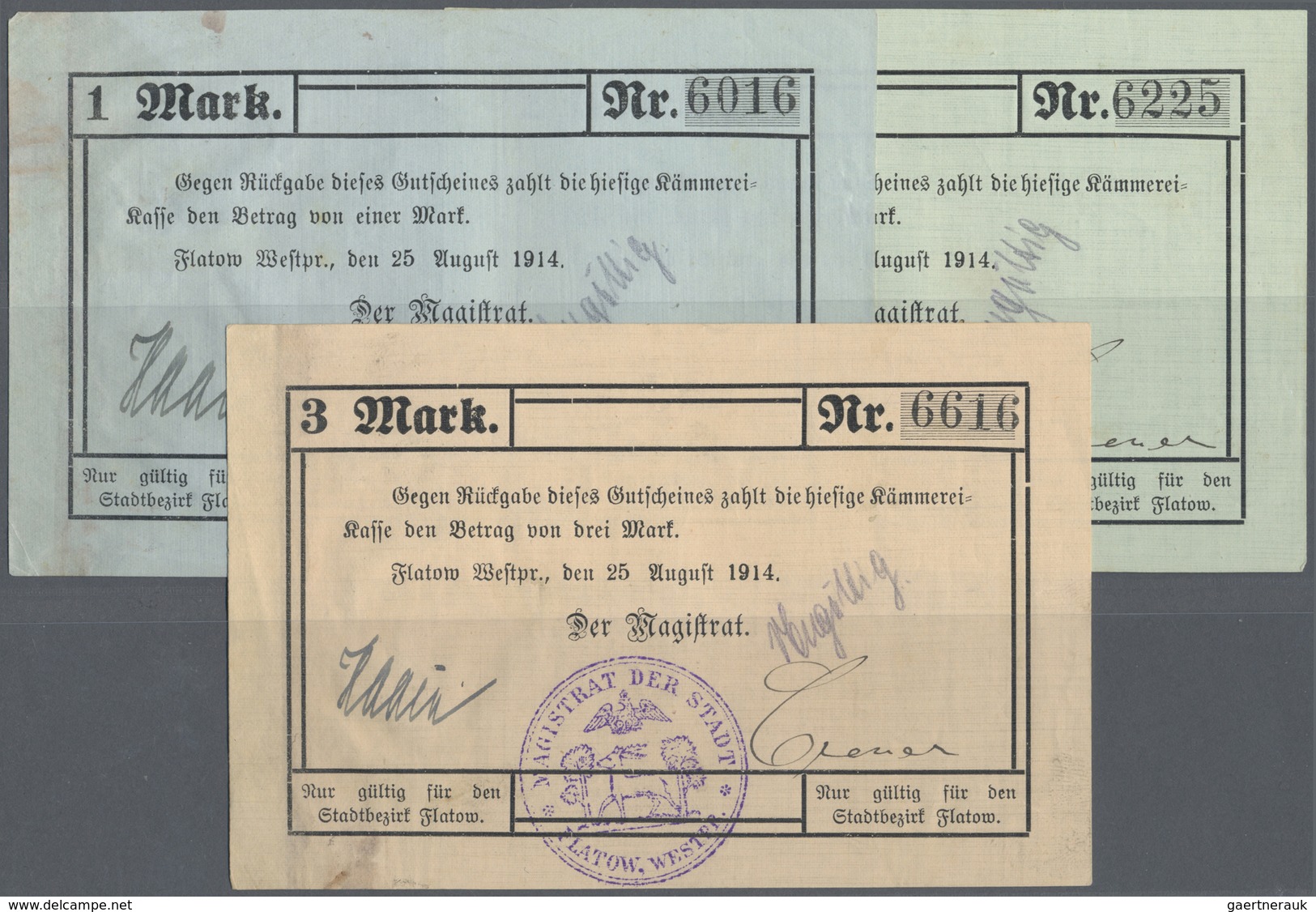 Deutschland - Notgeld - Ehemalige Ostgebiete: Flatow, Westpreußen, Magistrat, 1, 2, 3 Mark, 25.8.191 - Autres & Non Classés