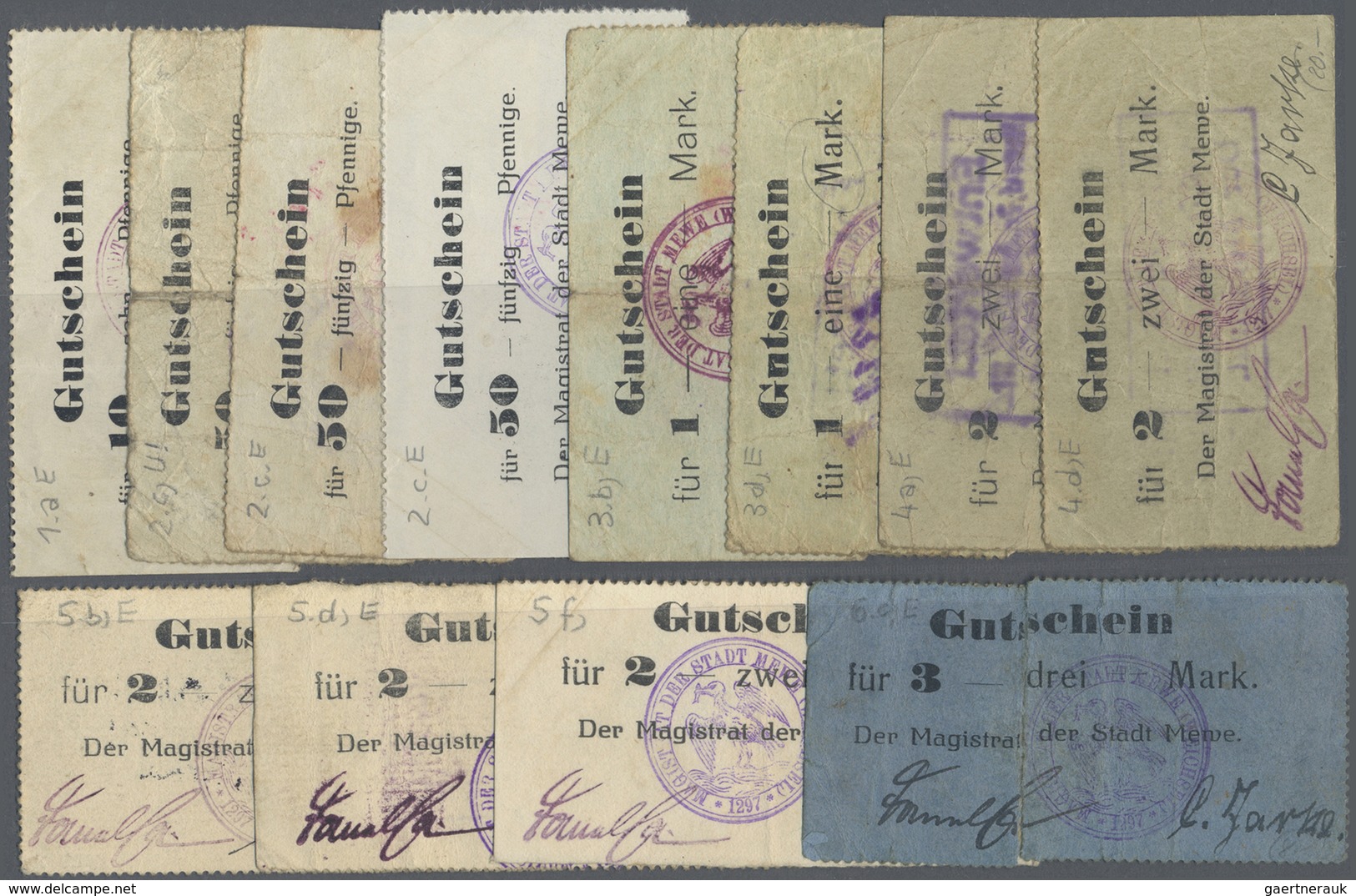 Deutschland - Notgeld - Ehemalige Ostgebiete: Mewe, Magistrat, 10, 50 (3) Pf., 1 (2), 2 (5, 2 X Grau - Altri & Non Classificati