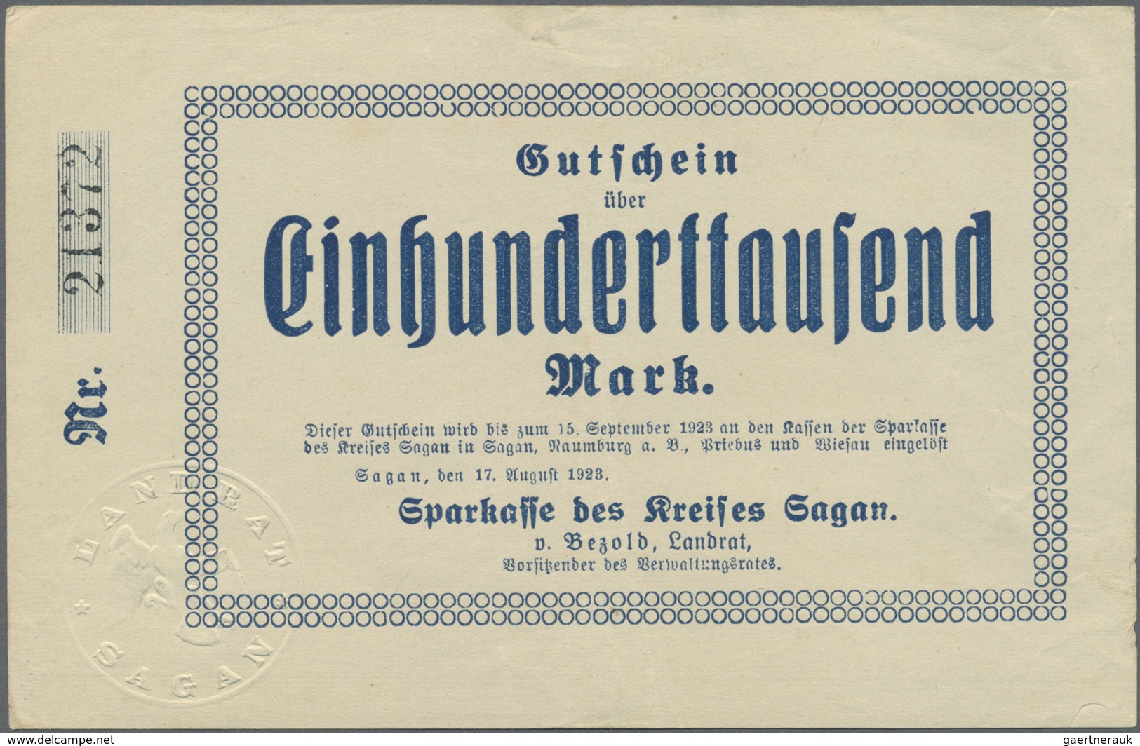 Deutschland - Notgeld - Ehemalige Ostgebiete: Sagan, Schlesien, Sparkasse Des Kreises, 100, 500 Tsd. - Altri & Non Classificati