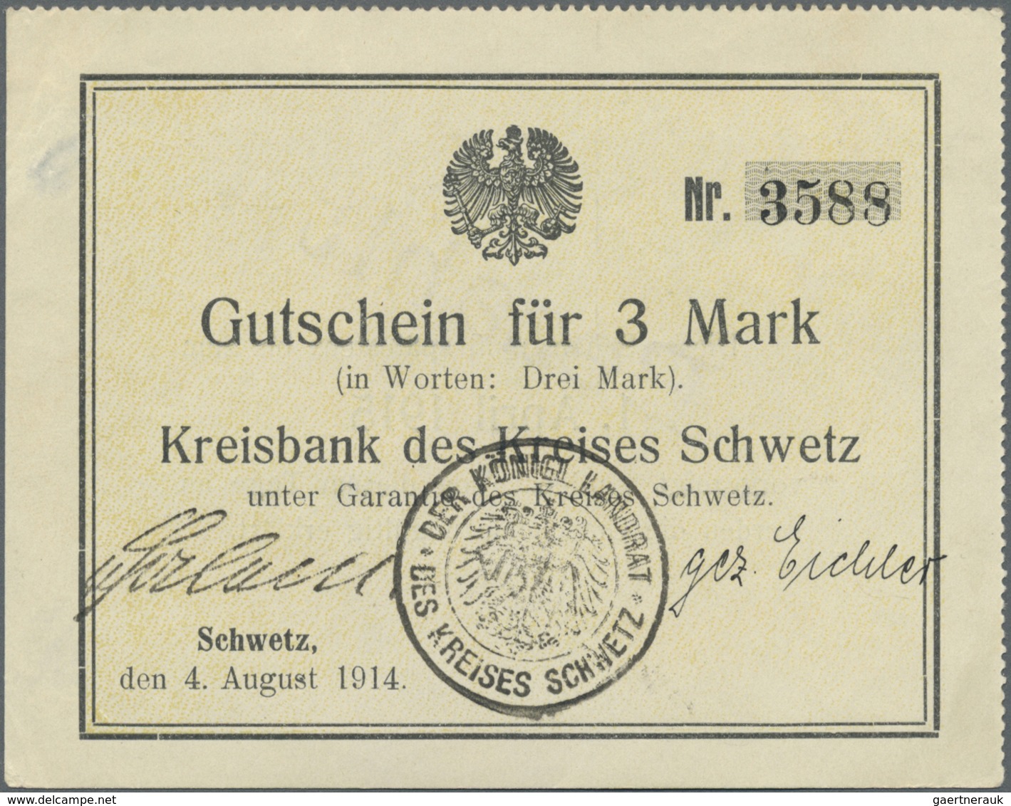Deutschland - Notgeld - Ehemalige Ostgebiete: Schwetz, Westpreußen, 0,25, 0,50, 1, 3 Mark, 4.8.1914, - Altri & Non Classificati